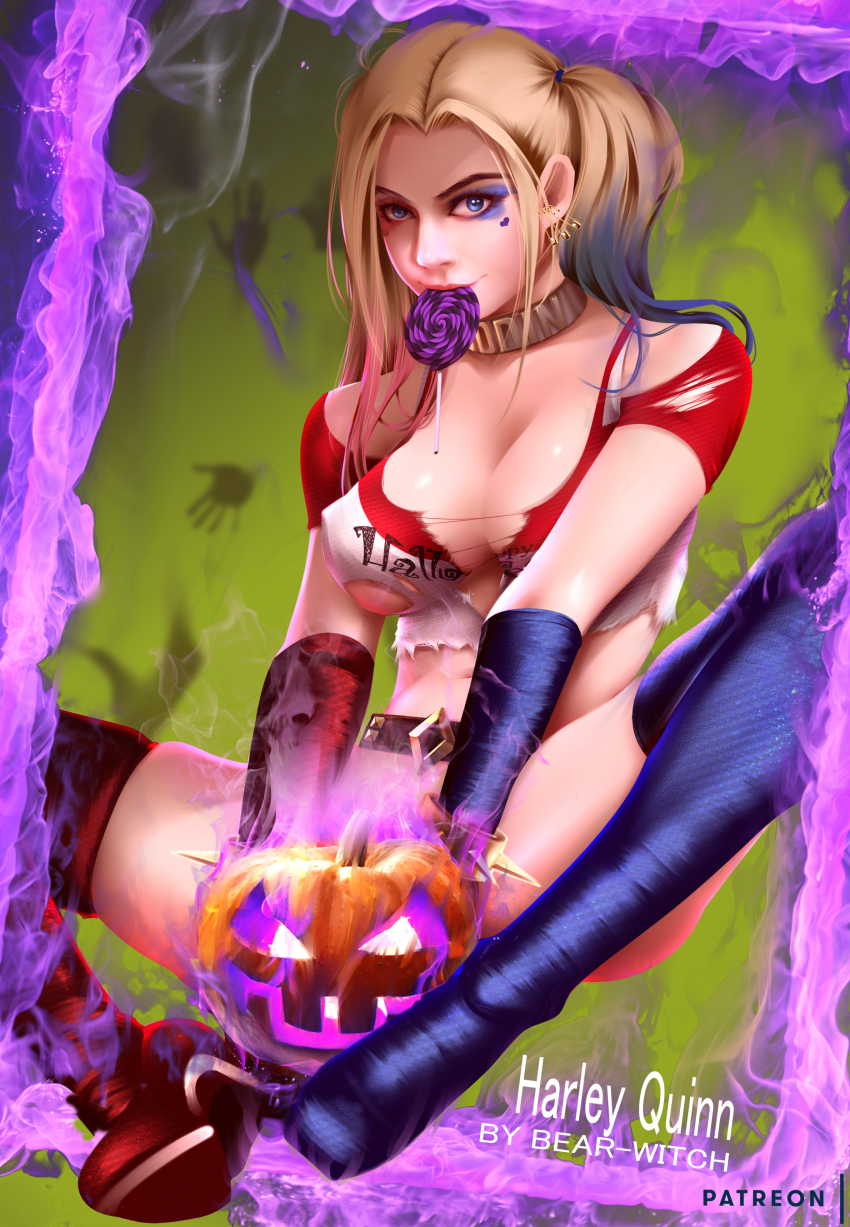 1girls absurd_res batman_(series) bearwitch blonde_hair blue_eyes blue_hair boots breasts candy cleavage covered_erect_nipples dc dc_comics dip-dyed_hair female female_only food gradient_hair halloween harley_quinn hi_res high_heel_boots high_heels jack-o'-lantern large_breasts lipstick long_hair makeup multicolored_hair parted_lips pumpkin red_hair sitting solo suicide_squad thigh_boots thighhighs twintails