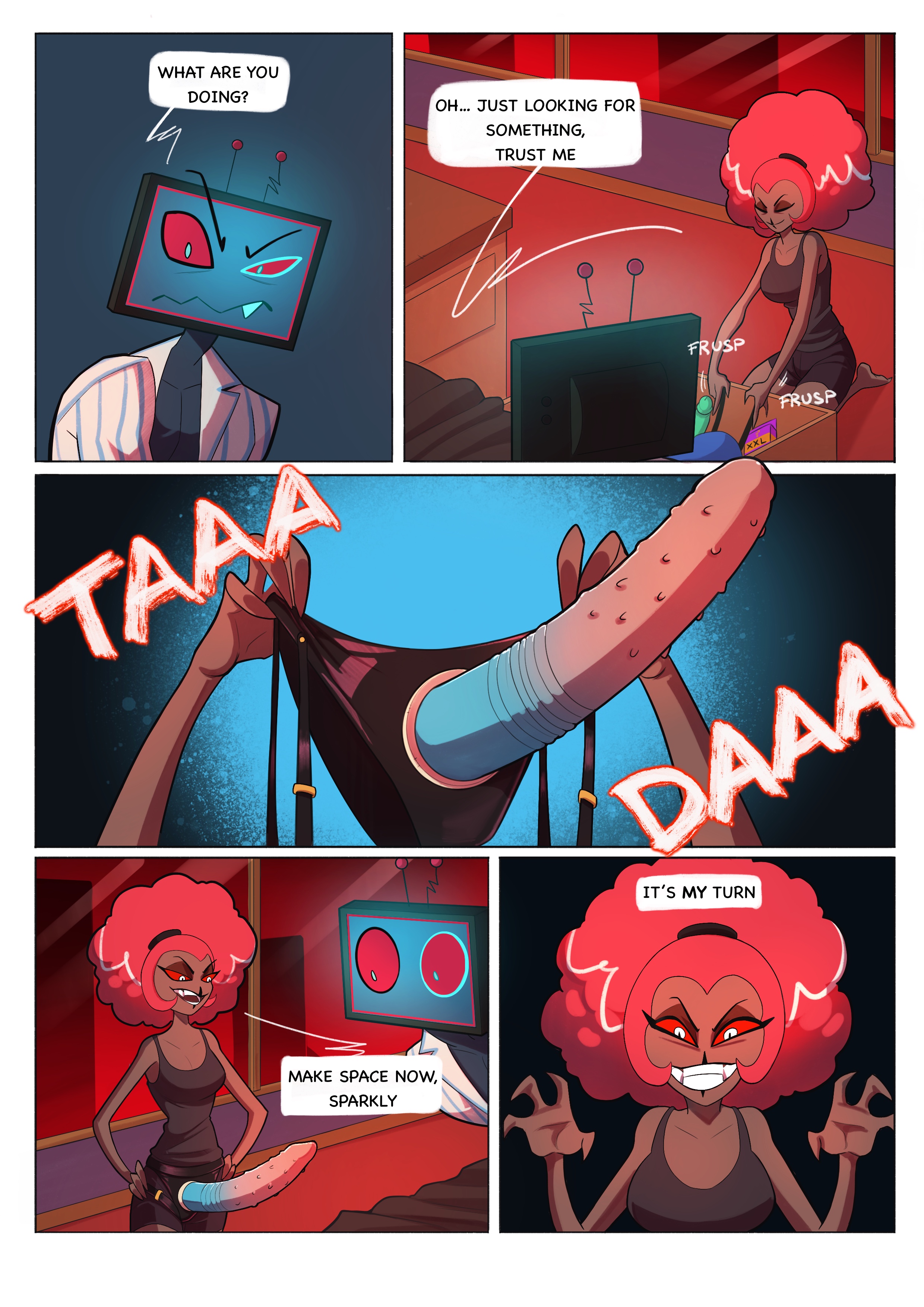 breasts, comic, english text, fang, fangs, female, ffm threesome, hazbin hotel, imminent sex, male, marinehusbands, sex toy, sharp teeth, somnophilia, speech bubble, strap-on, strapon, threesome, tv head, valentino (hazbin hotel), velvette, vox (hazbin hotel)