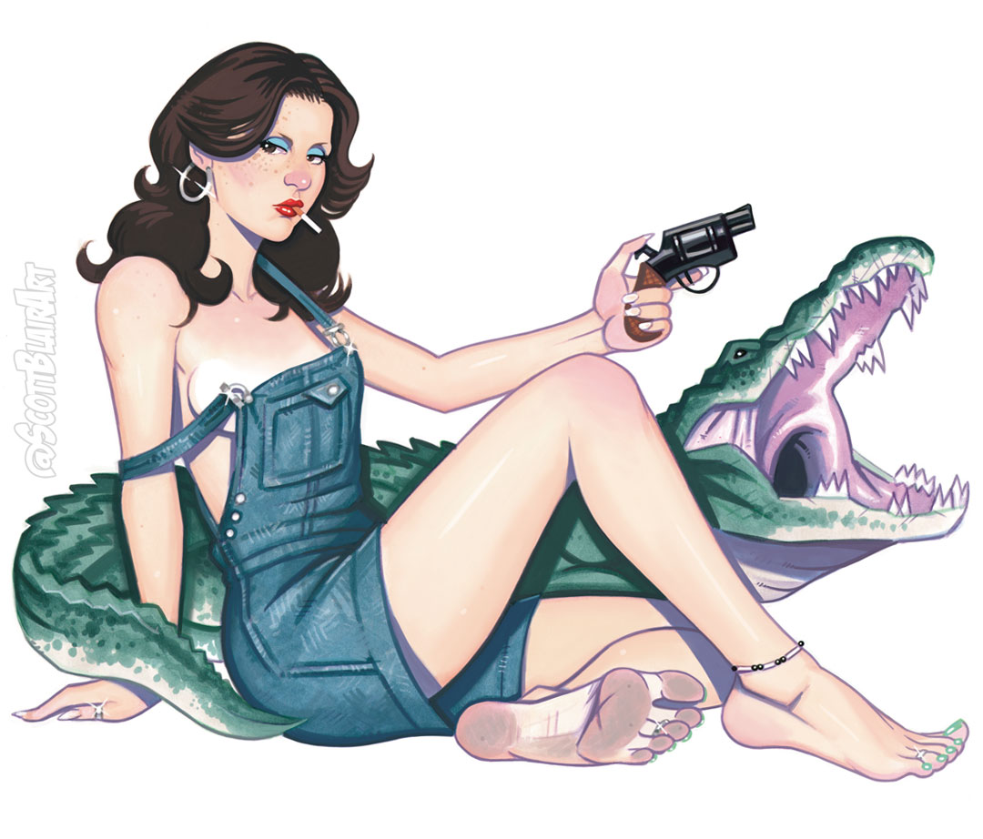 1girls, artist logo, bare shoulders, barefoot, birthmark, blue eyeshadow, breasts, british, british female, brown hair, brunette hair, chest, cigarette, cocodrile, copic markers, dirty feet, earrings, feet, female, female focus, first porn of character, freckles, freckles on face, freckles on shoulders, green skin, horror (theme), horror movie, jumpsuit, lips, maxine minx, medium breasts, medium tits, mostly nude, naked under clothes, no bra under clothes, no underwear, pale skin, partially clothed, pearl, pinup, porn star, red lipstick, religious, revolver, ring (jewelry), scan, scott blair, slasher, soles, tits, toe ring, toes, traditional media (artwork), undressing, white background, x trilogy, young female