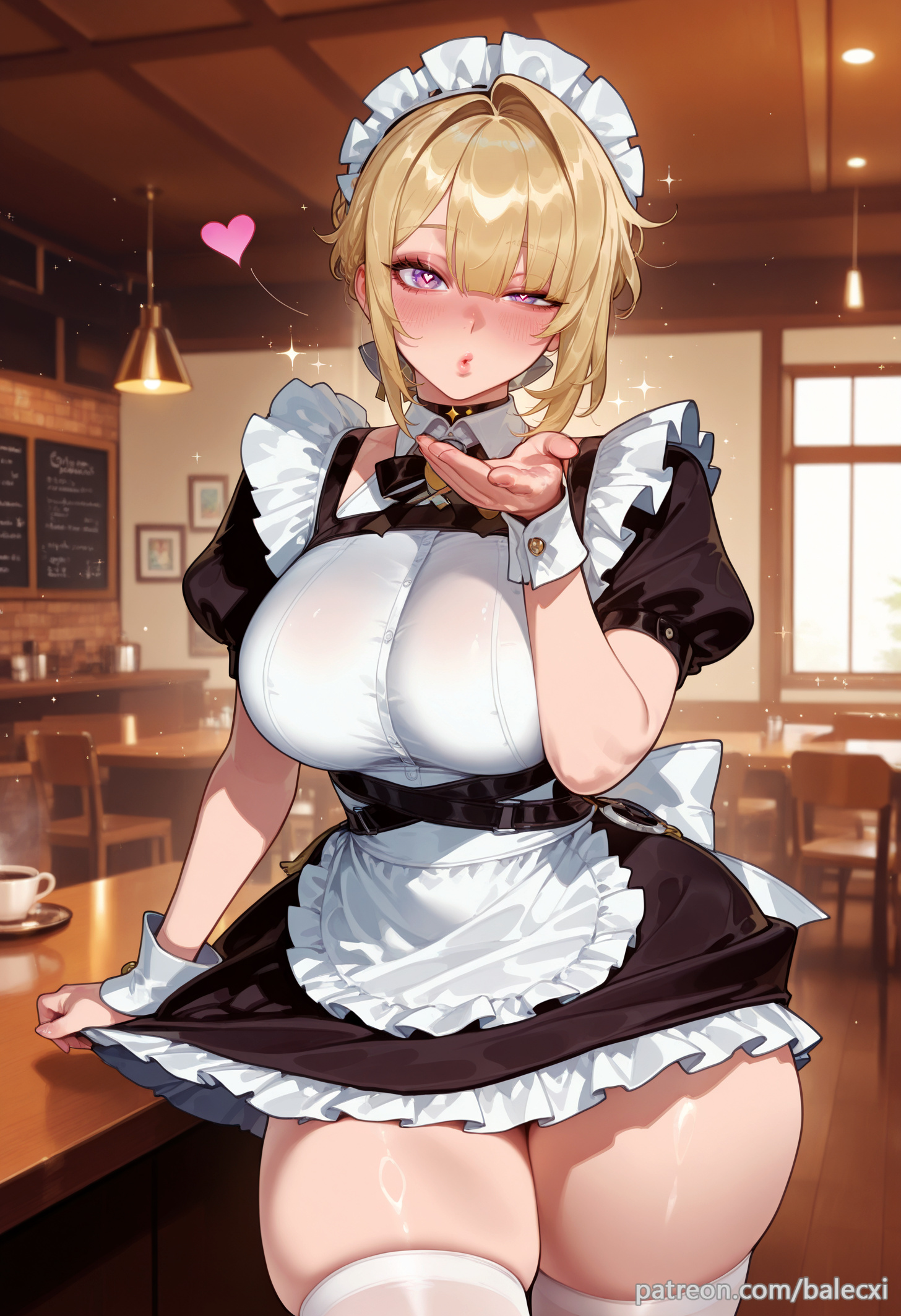 ai generated, apron, balecxi, blonde hair, blowing kiss, blush, breasts, dress, evelyn chevalier, female, heart, large breasts, looking at viewer, maid, maid headdress, puffy short sleeves, puffy sleeves, purple eyes, short sleeves, solo, thick thighs, thighhighs, white thighhighs, zenless zone zero