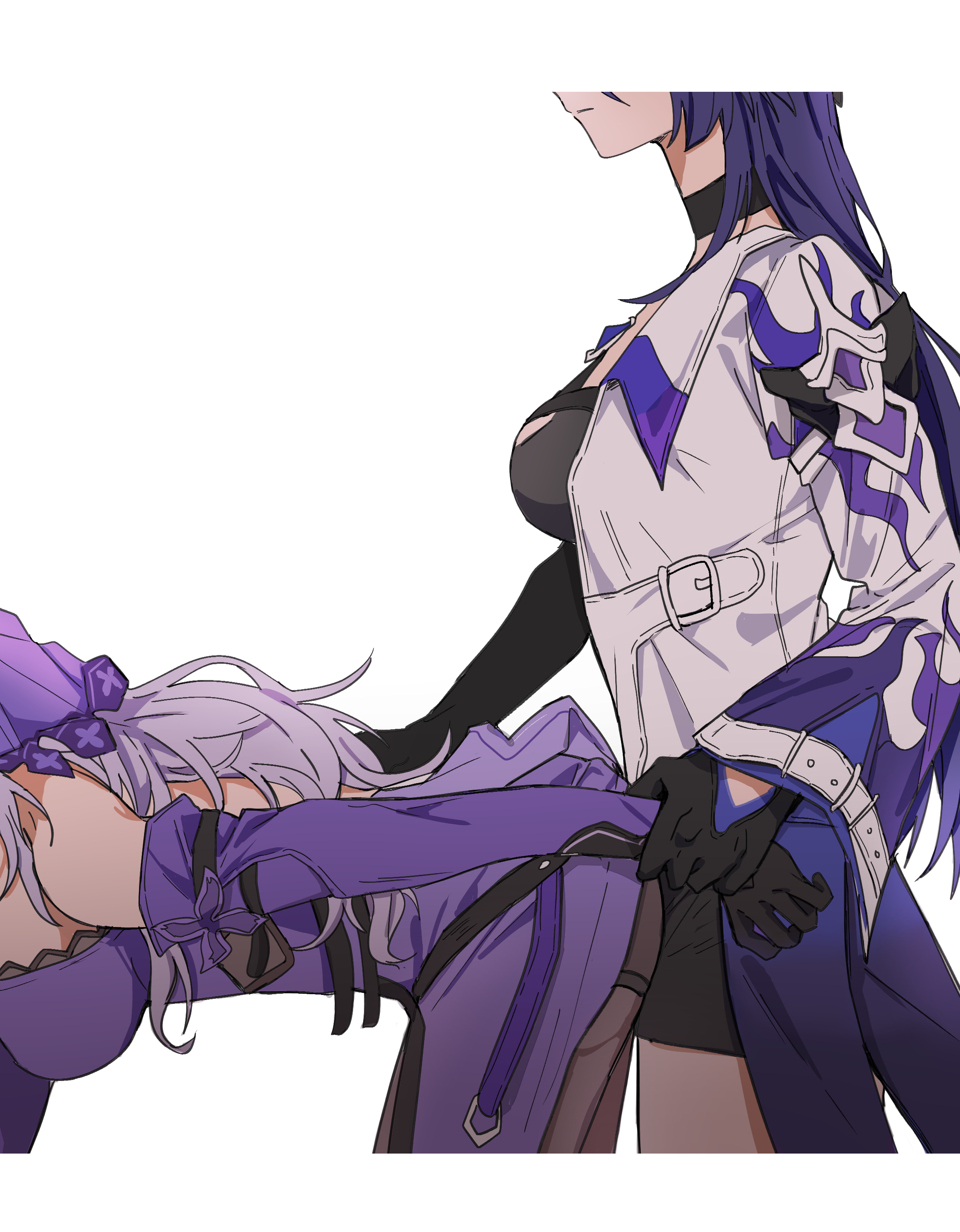 2girls, acheron (honkai: star rail), armor, ass, ass against crotch, bent over, big breasts, black choker, black gloves, black shorts, black swan (honkai: star rail), breasts, choker, coat, detached sleeves, eyes out of frame, female, gloves, grinding, grinding through clothes, hand on another's back, higher resolution duplicate, holding another's arm, holding another's wrist, honkai (series), honkai: star rail, long hair, meixely, multiple females, multiple girls, pink hair, profile, purple hair, purple veil, shorts, shoulder armor, simple background, veil, white background, white coat, yuri