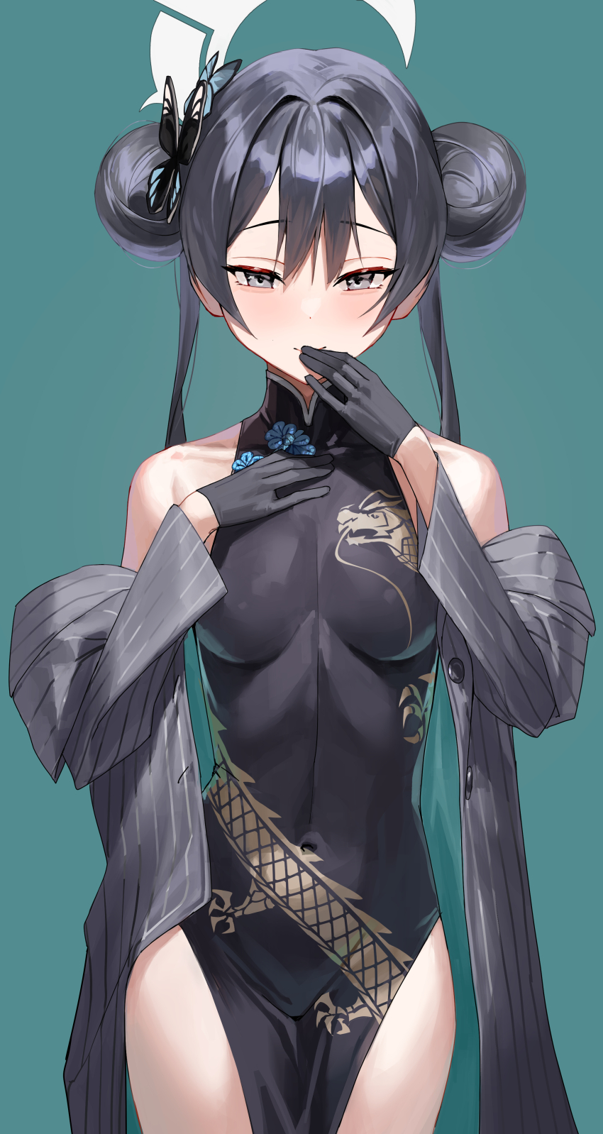 1girls, bare shoulders, black gloves, black hair, blue archive, breasts, chinese clothes, chinese dress, dress, female, female only, game character, gdd (vkejr702), genryumon (blue archive), gloves, grey eyes, hair buns, hair ornament, halo, hips, kisaki (blue archive), light skin, light-skinned female, medium breasts, shanhaijing secondary school student, slim, smiling, solo, video game character