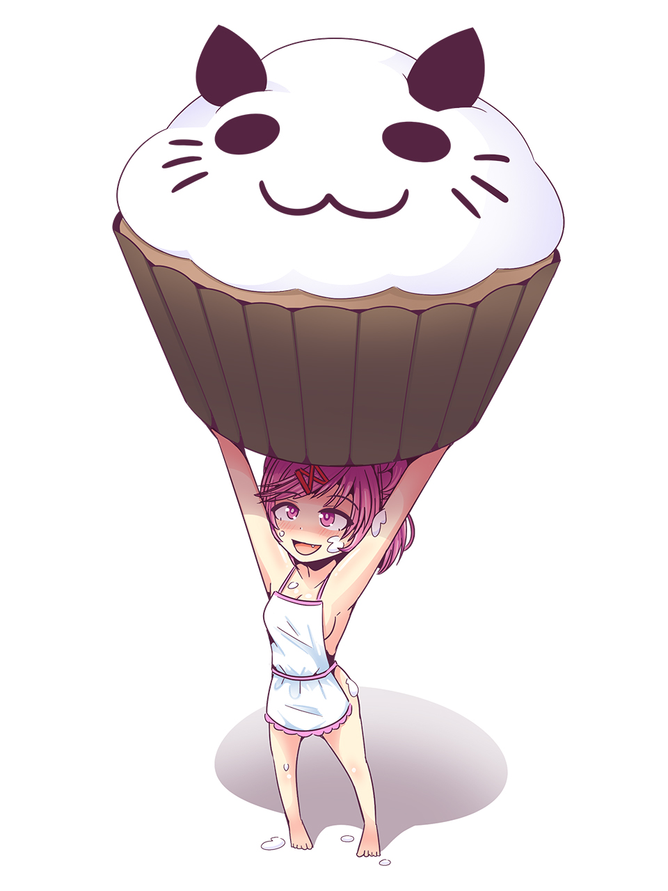 1girls 2019 3:4 :3 apron armpits arms_up breasts cat_cupcake cream cream_on_body cupcake cute doki_doki_literature_club eyebrows_visible_through_hair fangs feet female female_only food hairclip happy highres holding_food inksgirls looking_up matching_hair/eyes minigirl naked_apron natsuki_(doki_doki_literature_club) open_mouth pink_eyes pink_hair proud shadow short_hair short_twintails sideboob simple_background small_breasts solo standing teeth thighs toes tongue twintails white_background