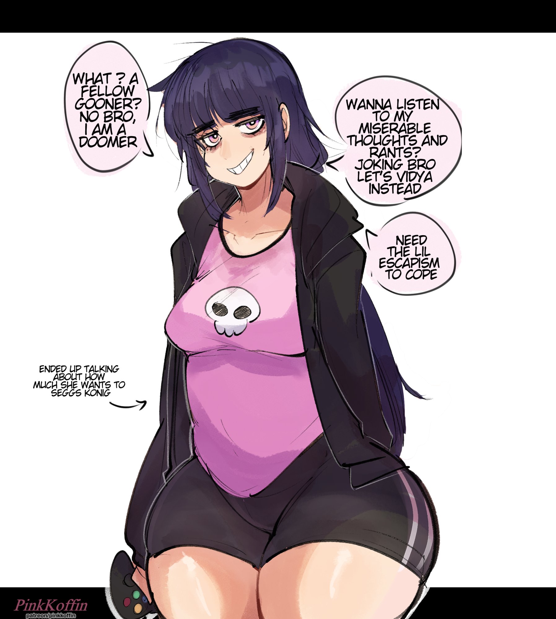 1girls, artist self-insert, clothing, dark purple hair, dialogue, english text, eye bags, eyebrows visible through hair, female, female only, game controller, grin, grinning at viewer, hi res, hoodie, koffin, long hair, looking at viewer, pink eyes, pinkkoffin, purple hair, shorts, smiling, smiling at viewer, solo, speech bubble, talking to viewer, thick eyebrows, thick thighs