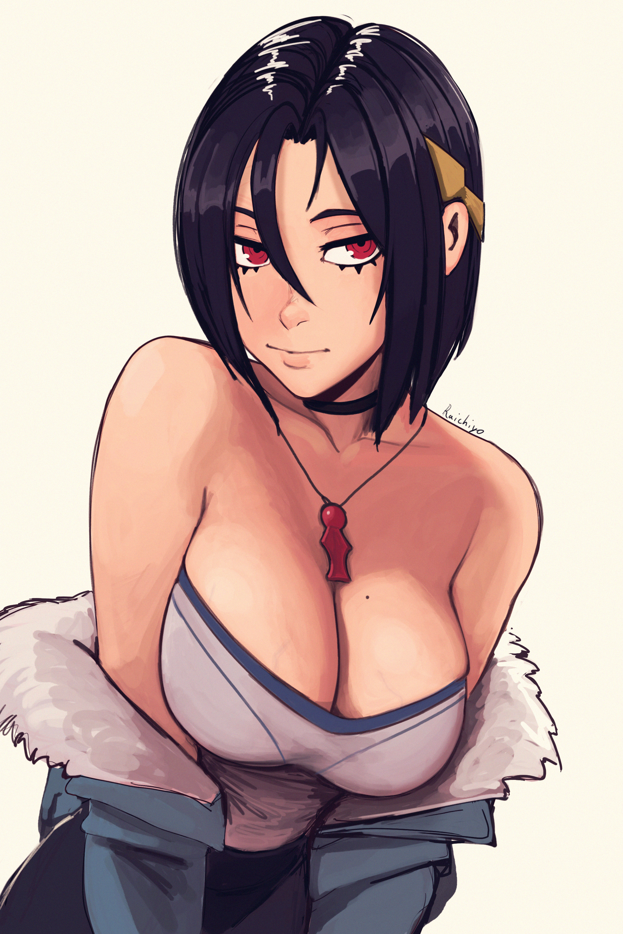 1girls, bangs, black hair, cleavage, female, fire emblem, fire emblem engage, hair ornament, light skin, looking at viewer, necklace, nel (fire emblem), nintendo, raichiyo33, red eyes, simple background, solo