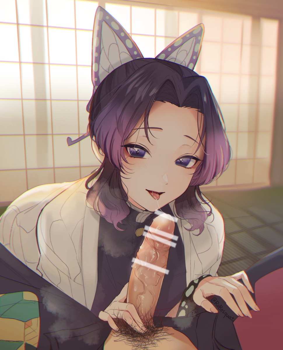 1boy, 1girls, bangs, butterfly hair ornament, censored, clothed, clothed female, clothed sex, demon slayer, detailed background, drooling, erection, fellatio, female, hair ornament, haori, highres, kimetsu no yaiba, kneeling, kochou shinobu, kyarotto (zenkixd), light skin, light-skinned female, looking at viewer, male, male/female, naughty face, oral, parted bangs, penis, penis grab, pubic hair, purple eyes, purple hair, purple-haired female, saliva, saliva string, saliva trail, seductive smile, smile, spread legs, straight, tatami, tomioka giyuu, tongue, tongue out, veins, veiny penis