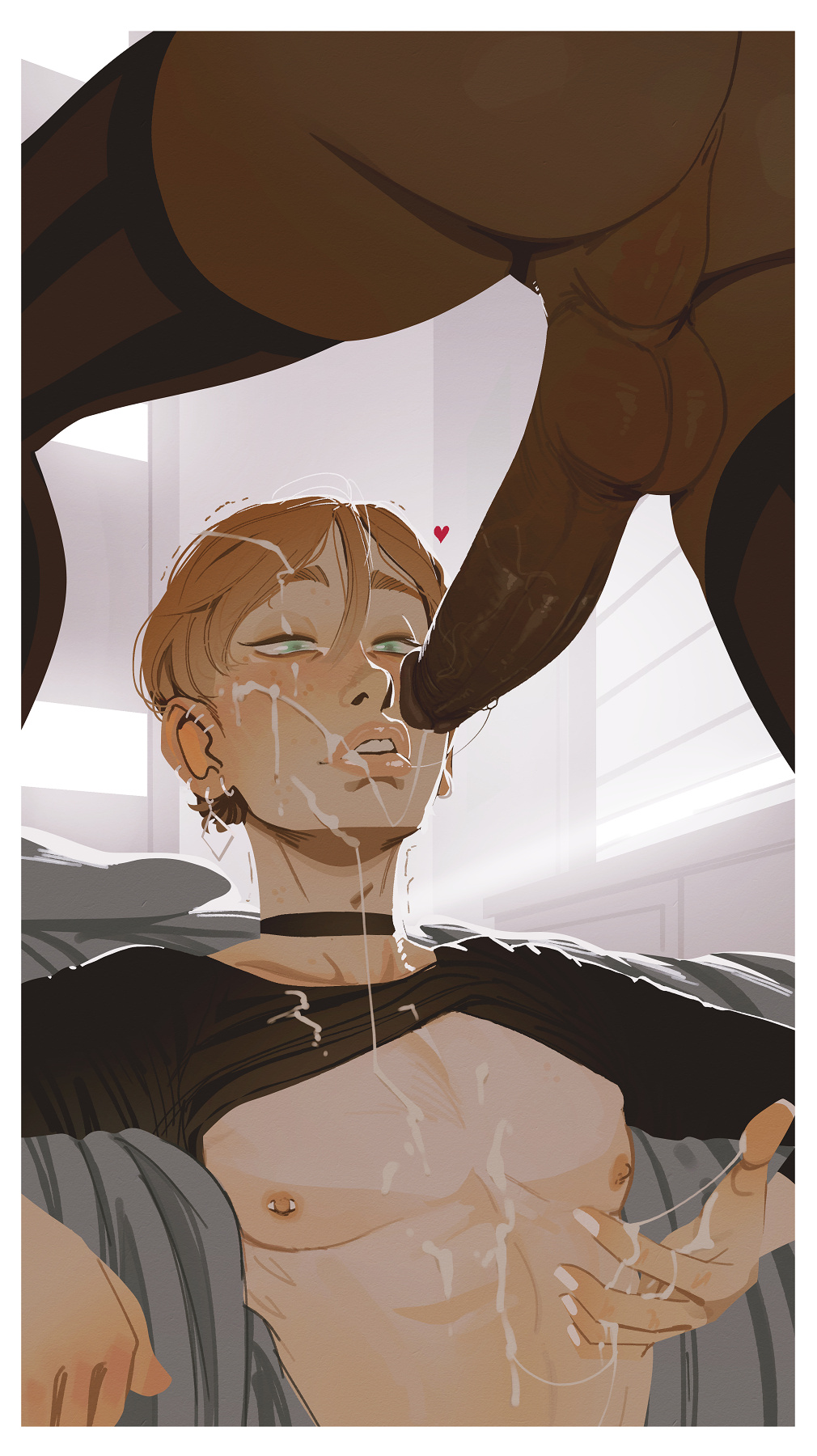 1boy, 1futa, backsack, balls, ballsack, brown hair, choker, clothes lift, cum, cum on chest, cum on face, cum on hand, dark skin, dark-skinned futa, ear piercing, earrings, facial, femboy, freckles, futa on femboy, futa on male, futanari, girly, green eyes, heart, hi res, incase, intersex, light skin, light-skinned male, looking at penis, male, male focus, narrowed eyes, nipple piercing, nipples, penis, piercing, short hair, stockings