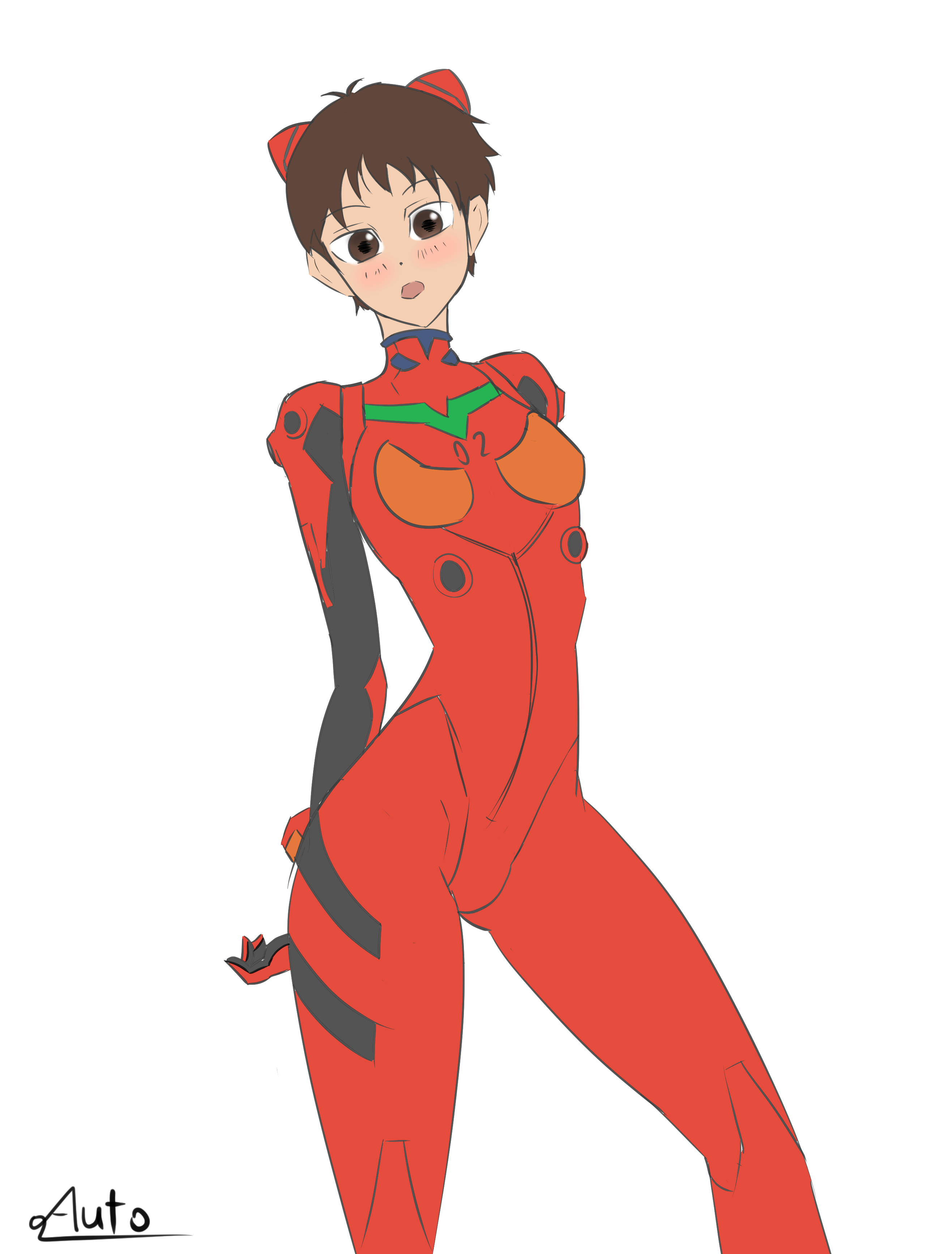 1boy, asuka langley sohryu, asuka langley sohryu (cosplay), autonomous, blush, bulge, bulge through clothing, canon crossdressing, clothes swap, cosplay, costume switch, crossplay, female, femboy, girly, male, male only, neon genesis evangelion, otoko no ko, otokonoko, plugsuit, shinji ikari, tight clothing, trap