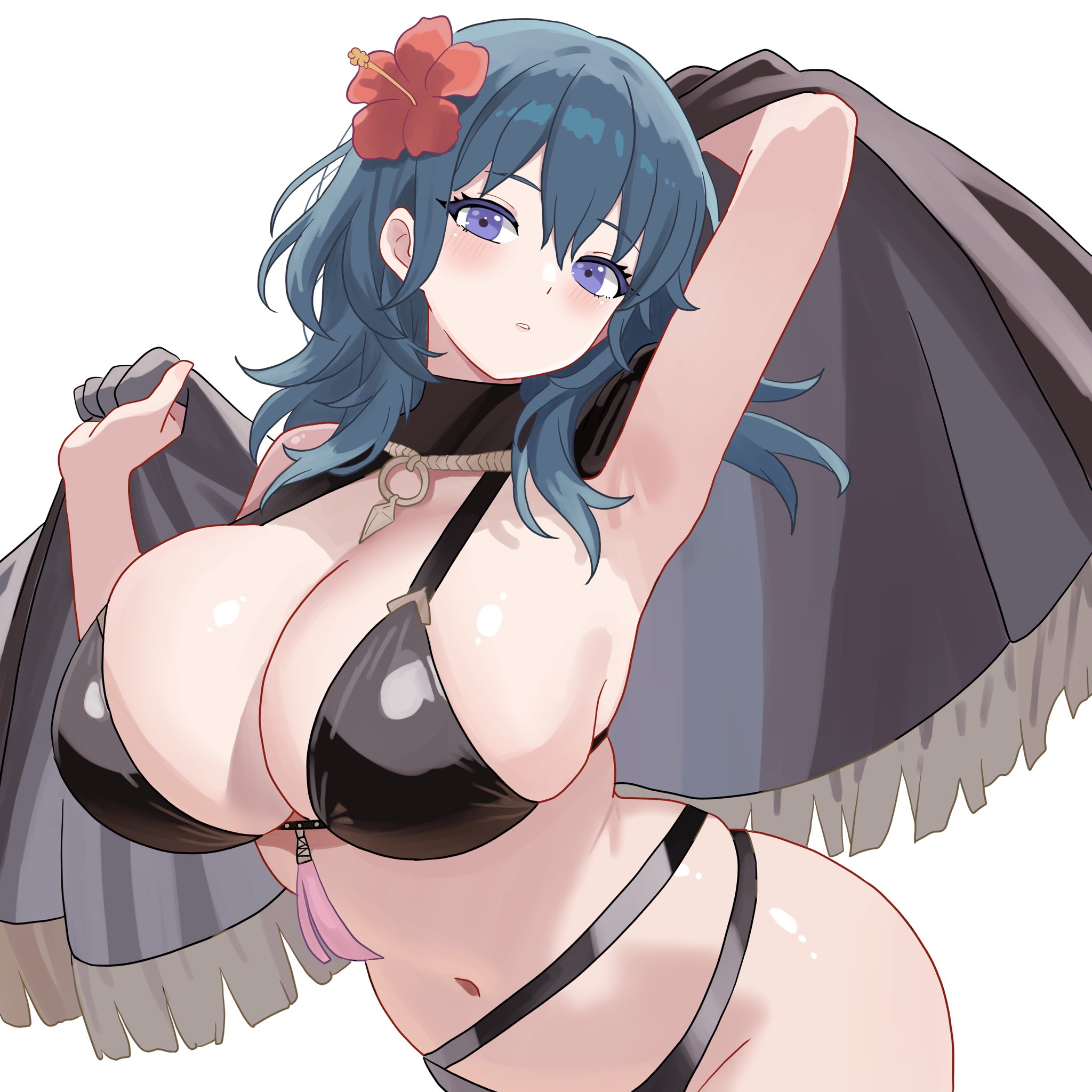 1girls, belly, belly button, big breasts, bikini, black bikini, black cape, blue eyes, blue hair, blush, bra, breasts, byleth (fire emblem), byleth (fire emblem) (female), byleth (summer) (fire emblem) (female), cape, cleavage, clothed, clothing, female, female only, fire emblem, fire emblem heroes, fire emblem: three houses, flower, hair between eyes, hair flower, hair ornament, hibiscus, large breasts, looking at viewer, n 54, nintendo, official alternate costume, red flower, sideboob, solo, stomach, swimsuit, underboob
