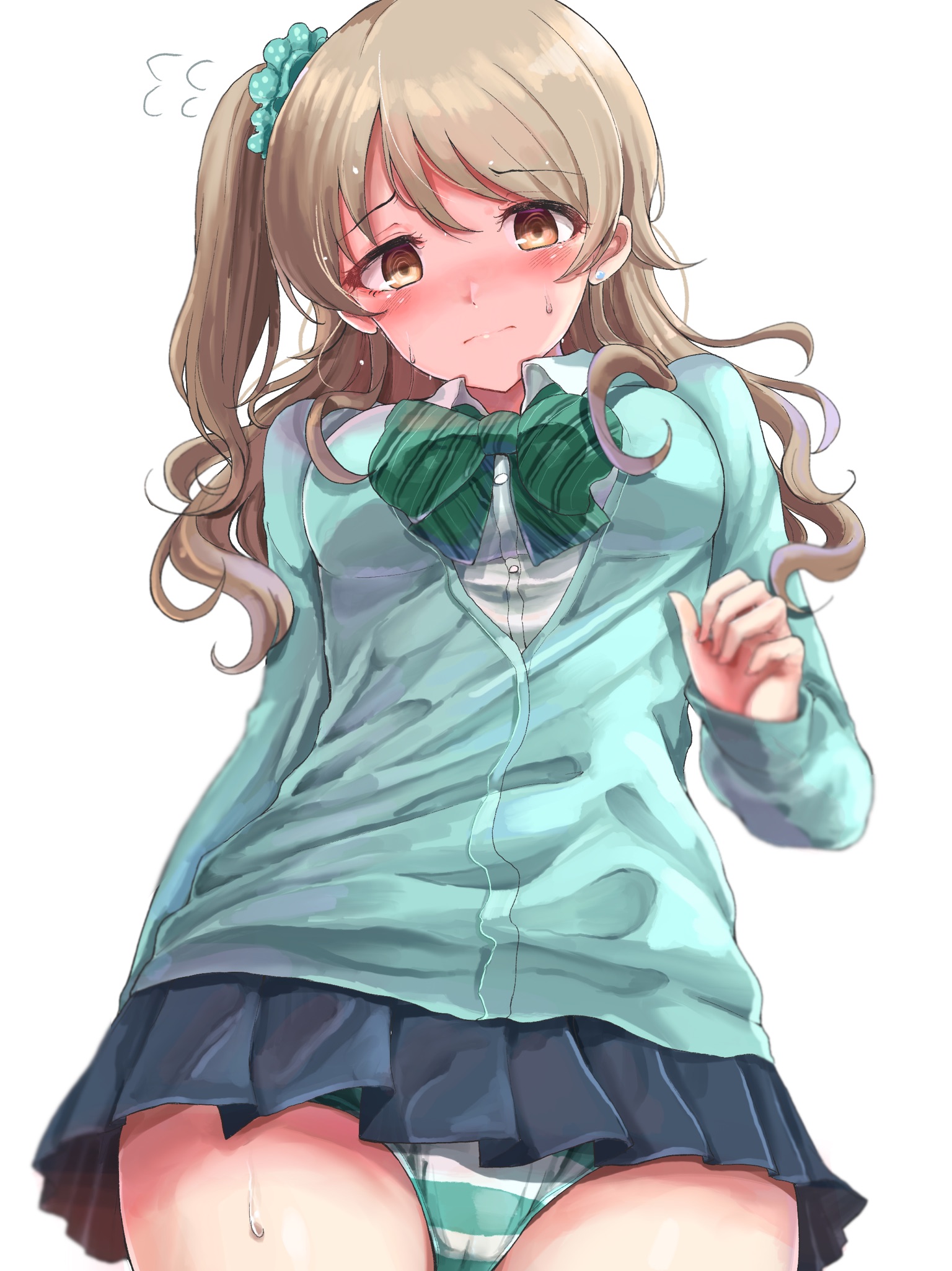 1girls, aqua cardigan, aqua scrunchie, blush, bow, bowtie, brown eyes, brown hair, cameltoe, cardigan, commentary, dress shirt, embarrassed, female, from below, green bow, green bowtie, gyaru, hair between eyes, hair ornament, hair scrunchie, highres, idolmaster, idolmaster cinderella girls, long hair, looking down, microskirt, morikubo nono, one side up, panties, pleated skirt, polka dot, polka dot scrunchie, pussy, sak (lemondisk), scrunchie, shirt, simple background, sketch, skirt, solo, standing, striped bow, striped bowtie, striped clothes, striped panties, sweat, symbol-only commentary, underwear, white background, white shirt