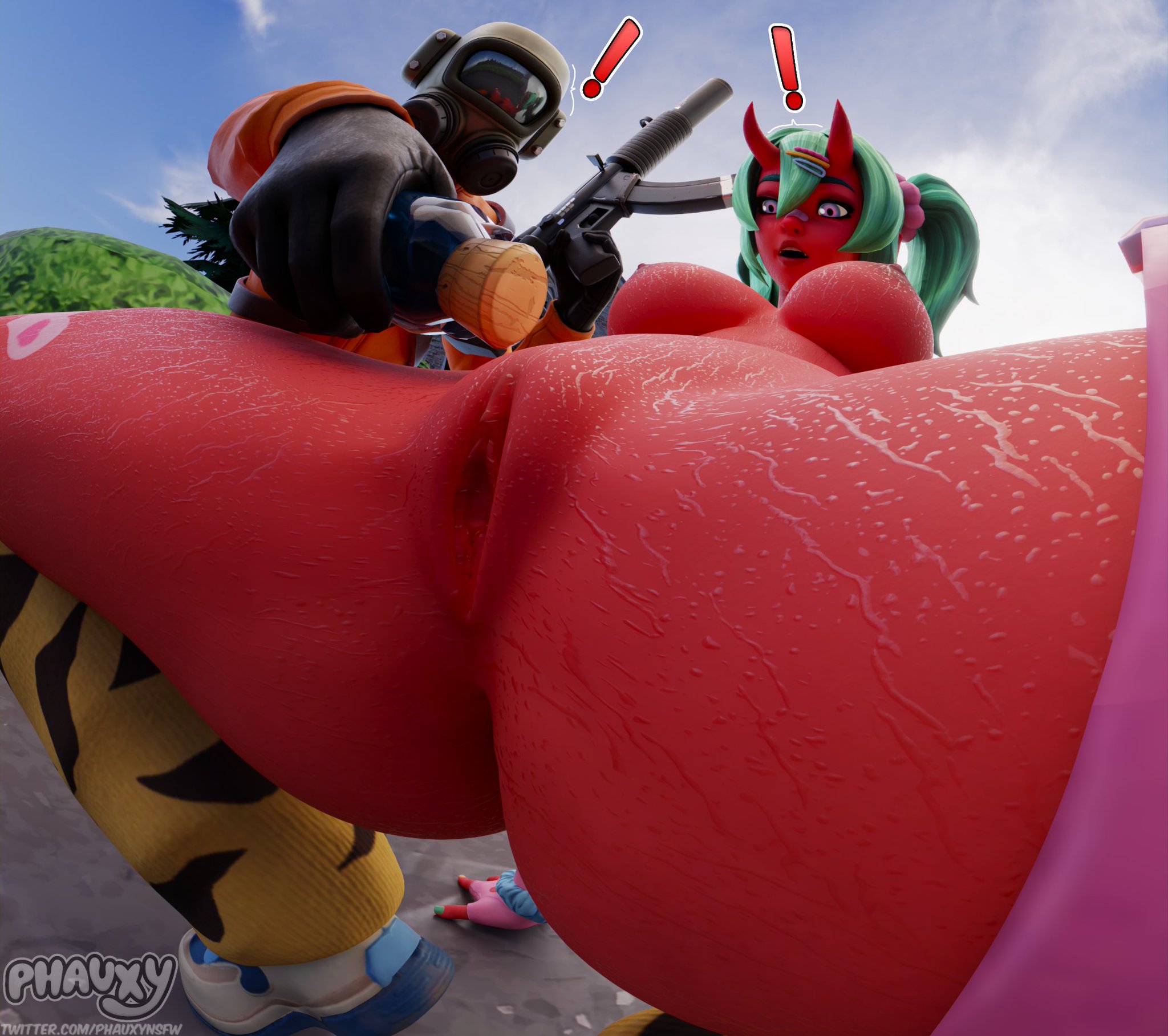 !, 1boy, 1girls, 3d, ass, bare ass, big ass, big breasts, bracelet, breasts, demon, demon girl, demon horns, employee (lethal company), epic games, female, female focus, fingerless gloves, fortnite, fortnite: battle royale, green hair, gun, hair accessory, hair ornament, hairclip, horns, legs apart, legwear, lethal company, male, male/female, mostly nude, mostly nude female, multicolored nail polish, multicolored nails, nail polish, nemia (fortnite), oni, oni female, open mouth, painted nails, phauxynsfw, presenting, presenting pussy, purple eyes, pussy, red skin, shaved crotch, shaved pussy, suprised, suprised expression, suprised look, tagme, thick thighs, thighs, twintails, vagina, wet, wet body, wet skin