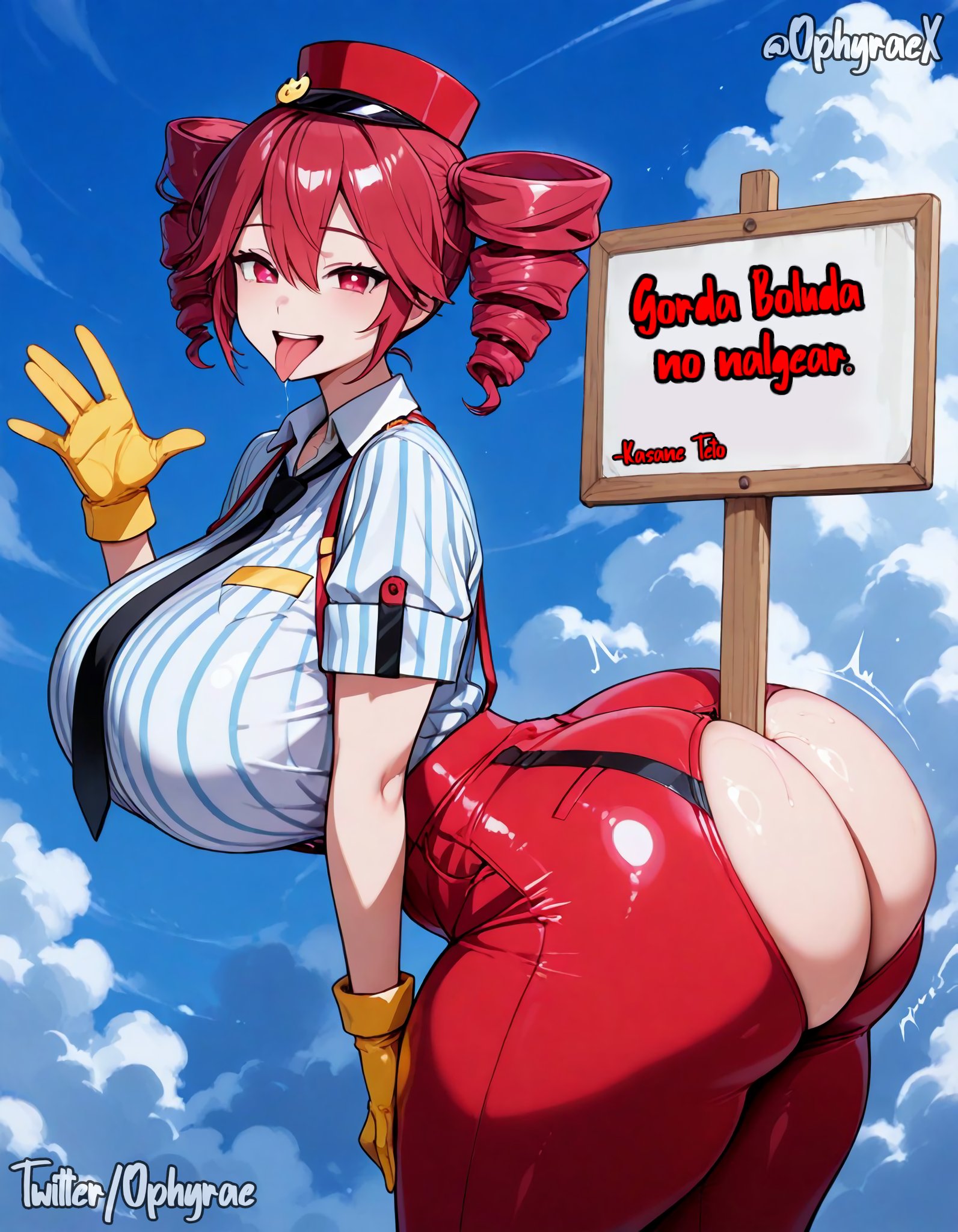 1girls, ai generated, arched back, ass, ass focus, big ass, big breasts, big thighs, blouse, breasts, bubble butt, clothed, clothed female, clothing, curvaceous, curvy, curvy female, curvy figure, detailed background, drool, drooling, exposed ass, fat ass, female, female only, fully clothed, gigantic ass, gigantic breasts, gloves, hat, hourglass figure, huge ass, huge breasts, huge thighs, hyper, hyper ass, hyper breasts, kasane teto, kasane teto (sv), large ass, large breasts, large thighs, massive ass, massive breasts, massive thighs, mesmerizer (vocaloid), mesmerizer teto, mv character, necktie, no panties, object in ass, ophyraex, pants, pose, posing, red eyes, red hair, ripped clothing, ripped pants, saliva, saliva string, seductive, seductive look, shiny clothes, shiny skin, shirt, sign, skindentation, skintight, slim waist, solo, solo female, spanish text, sticking ass out, suspenders, synthesizer v, text, thick thighs, thighs, tight clothing, tight pants, tongue, tongue out, torn clothes, torn pants, twin drills, utau, voluptuous, voluptuous female, wide hips