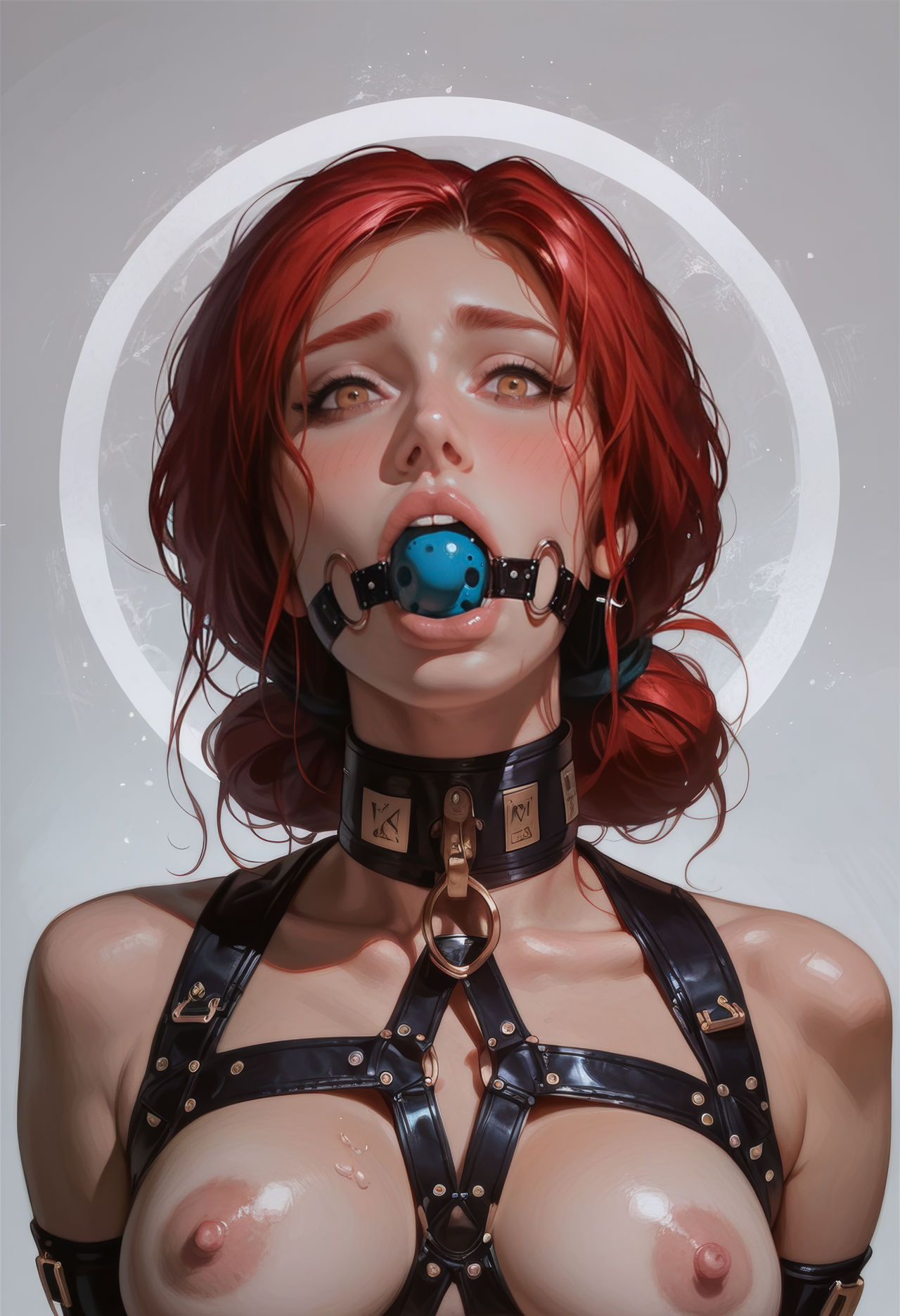 ai generated, ball gag, bondage, breasts, d1kor, female, light skin, light-skinned female, looking at viewer, mascara, nipples, red hair, slave collar, solo, the witcher (series), the witcher 3: wild hunt, triss merigold