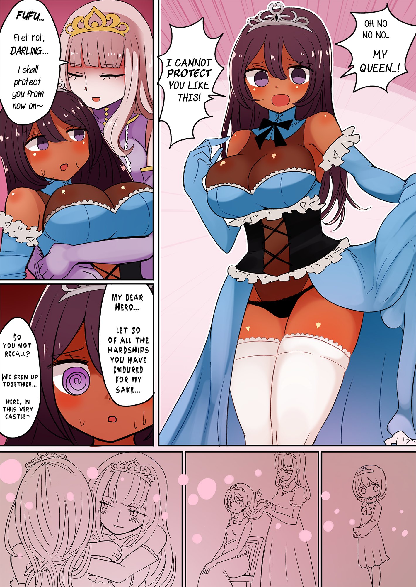 1boy, 2girls, ass expansion, breast expansion, breast growth, breast growth (enlargement), breasts, corivas, dialogue, english text, female, gender transformation, hair growth, male, mtf transformation, original, original character, princess, royalty, rule 63, text, transformation, translated, vae c