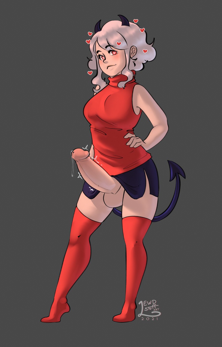1futa, balls, bare shoulders, big penis, breasts, clothed, clothing, demon, demon girl, erection under skirt, female, full body, futa only, futanari, hands on hips, heart, heart-shaped pupils, helltaker, humanoid, imminent fellatio, imminent oral, intersex, lewdstuff, light skin, light-skinned futa, looking at viewer, modeus (helltaker), mostly clothed, pale skin, pencil skirt, penis, penis out, pent up, precum, red eyes, skirt, solo, standing, sweater, tail, thighhighs, throbbing penis, turtleneck, twitch lines, white hair