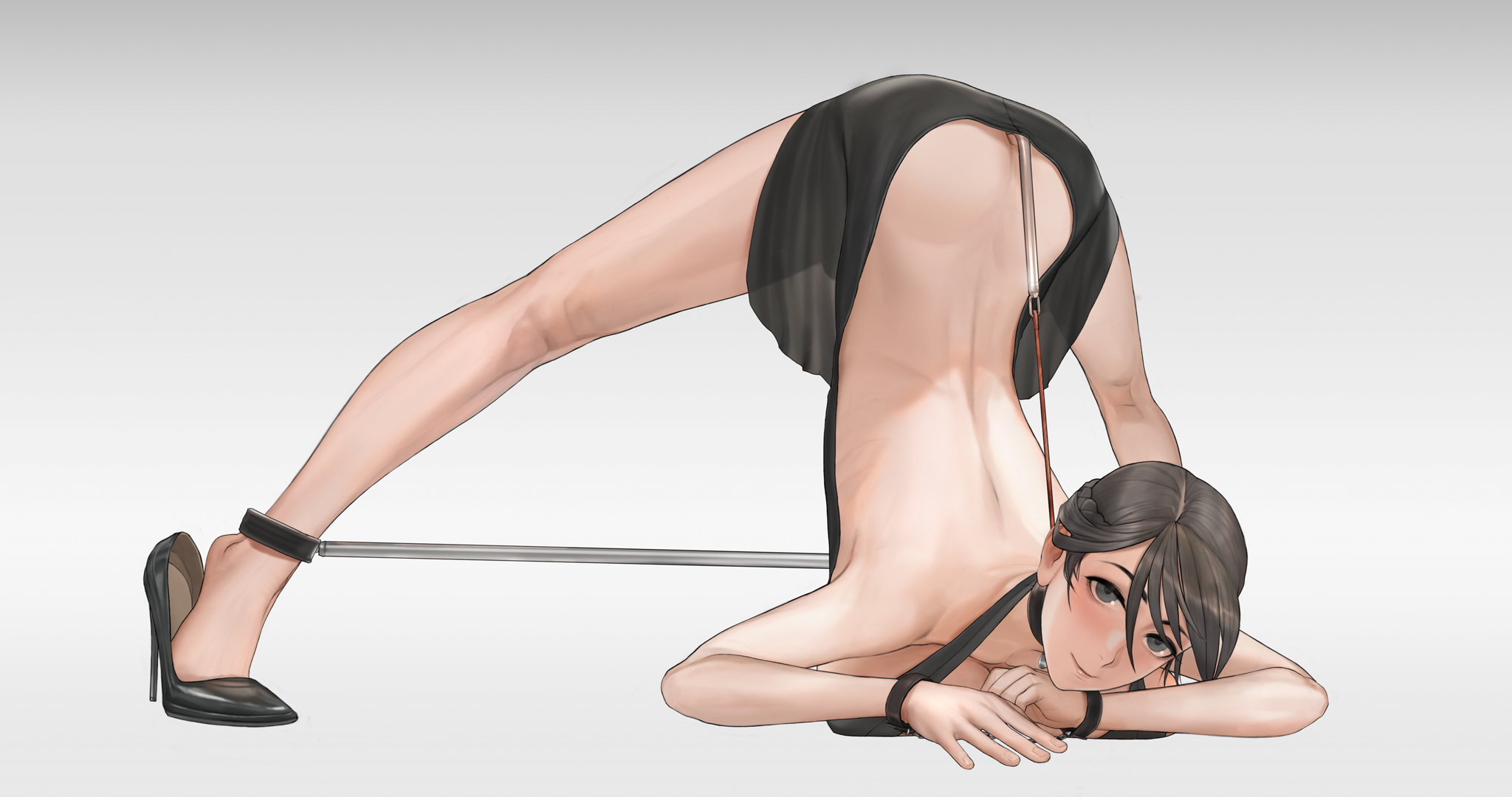 anal, anal hook, ass, ass focus, embarrassed, female, female only, heels, jack-o pose, leg spreader, looking at viewer, original, restrained legs, simple background, spreader bar, tagme, virgin killer sweater, vxxxxxxxxxx