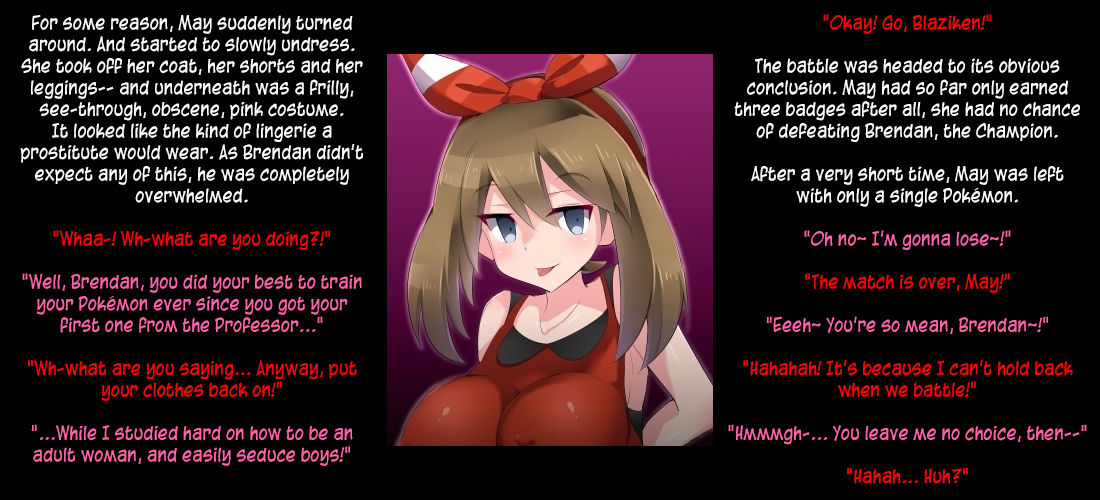 alternate breast size, brainwashing, breasts, brendan (pokemon oras), brendan (pokemon), caption, doskoinpo, english text, female, femdom, massive breasts, may (pokemon oras), may (pokemon), pokemon, pokemon oras, text