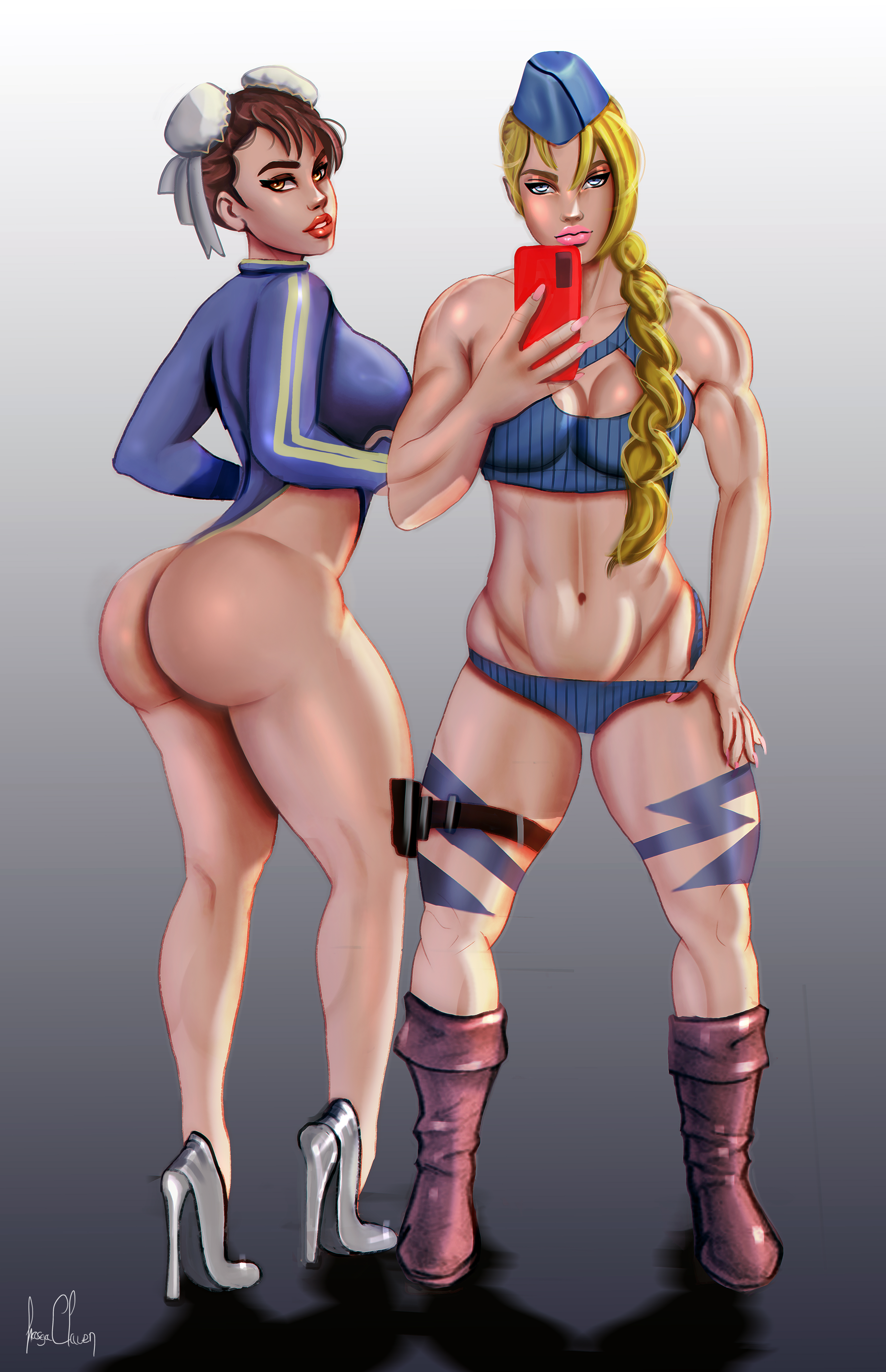 ass, big ass, big breasts, bimbo, blonde hair, boots, breasts, brown hair, cammy white, chun-li, female, heels, high heels, lasgaclaven, lipstick, looking at viewer, looking back, navel, selfie, street fighter, suit