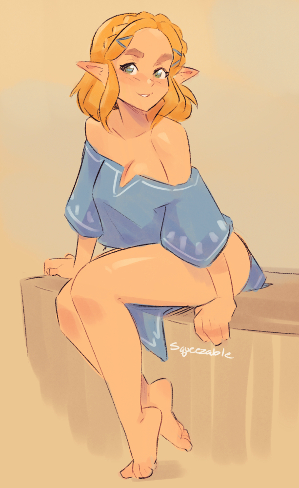 1girls, 2d, 2d (artwork), barefoot, blonde hair, breath of the wild, cleavage, digital media (artwork), feet, female, hairclip, looking at viewer, nintendo, off shoulder, princess zelda, short hair, sitting, solo, squeezable, tears of the kingdom, the legend of zelda, thick eyebrows, thick thighs, thighs, toes, zelda (tears of the kingdom)