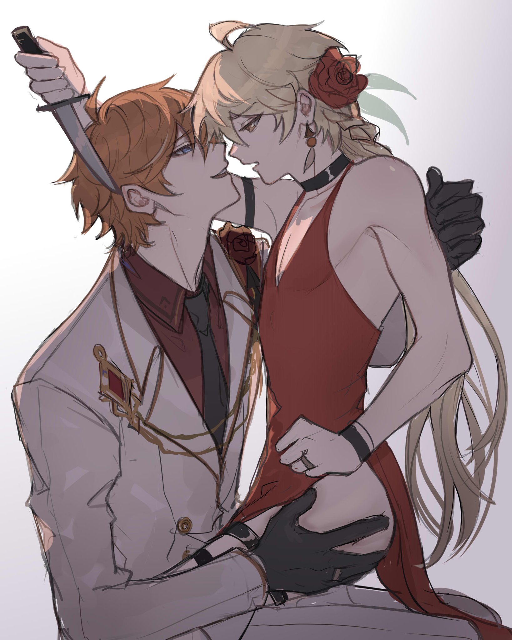 2boys, aether (genshin impact), ahoge, blonde hair, blue eyes, childe (genshin impact), choker, crossdressing, dress, ear piercing, femboy, genshin impact, gold eyes, ha ze, ha ze (twitter), hair ornament, knife, long hair, male, male only, red hair, rose, sitting on lap, slit, tartaglia (genshin impact), thighs, yaoi