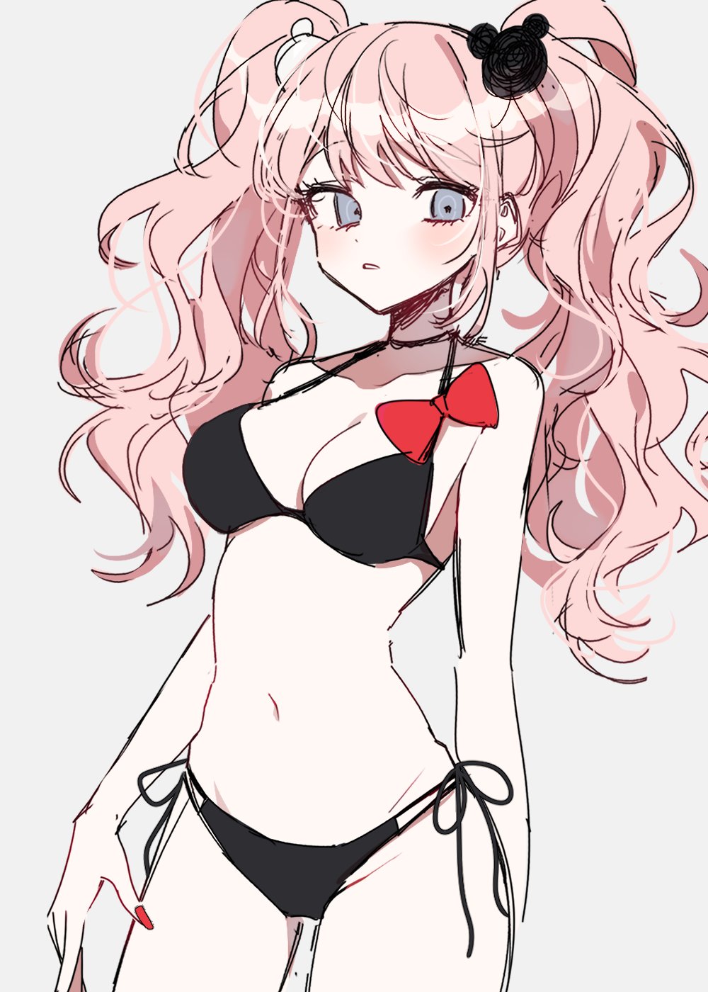 1girls, 3j dangan, bikini, black bikini, blue eyes, blush, breasts, cleavage, color, danganronpa, danganronpa s: ultimate summer camp, female, female focus, female only, gyaru, hair ornament, junko enoshima, kogal, light skin, light-skinned female, looking at viewer, medium hair, navel, painted nails, pale skin, pale-skinned female, patzzi, pigtails, pink hair, solo, solo female, solo focus, straight hair, twintails, white skin