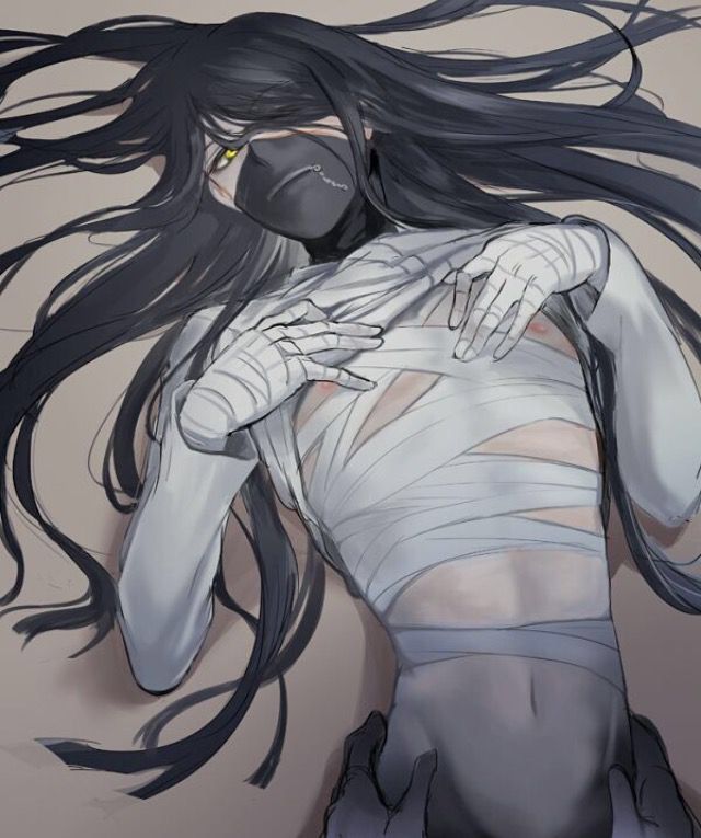 1boy, androgynous, bandage, bandages, black hair, danganronpa, danganronpa v3, hands on hips, korekiyo shinguji, light skin, light-skinned male, long hair, long-haired male, male, male focus, male only, mask, navel, nipple slip, on back, on floor, pale skin, pale-skinned male, partially clothed, shinguji korekiyo, shirt lift, shirt up, smooth skin, solo focus, yellow eyes