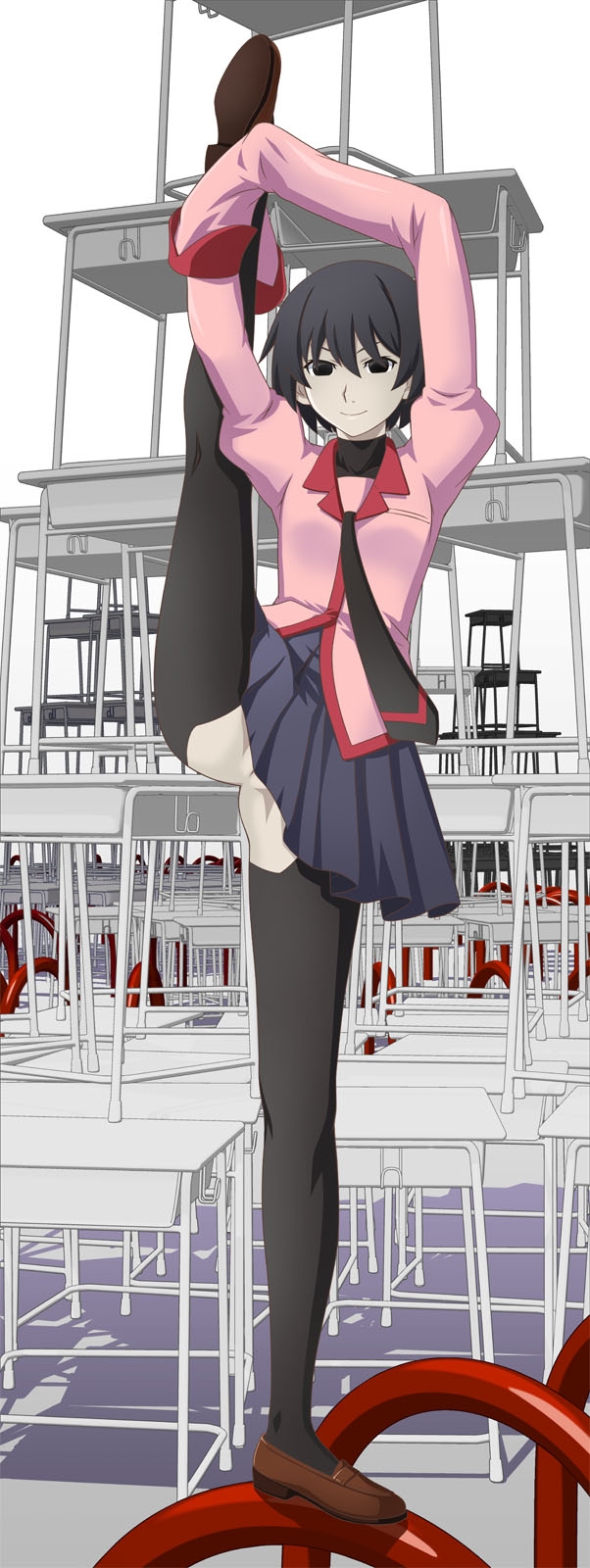 bakemonogatari black_eyes black_hair female leg_up monogatari_(series) no_panties oshino_ougi pussy school_uniform skirt solo tooo