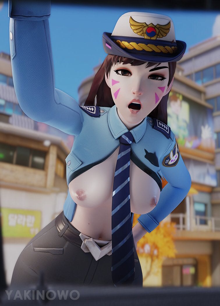 1girls, 3d, big breasts, blizzard entertainment, breasts, brown eyes, brown hair, d.va, female, female only, nipples, officer, overwatch, police, police officer d.va, police uniform, solo, tagme, tattoo, tie, yakinowo