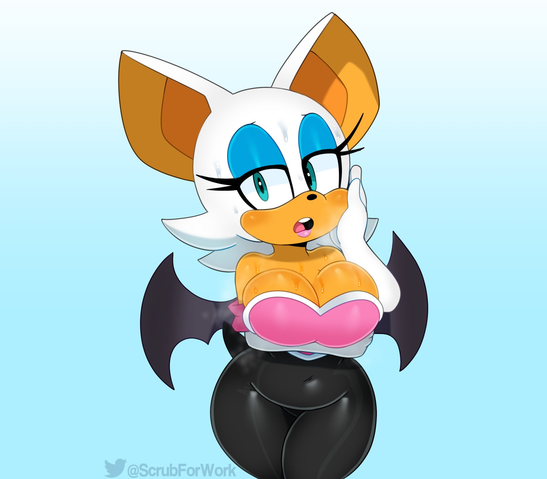 1girls, anthro, big breasts, big ears, blue eyes, blue eyeshadow, breasts, cleavage, clothing, crossed thighs, elbow gloves, eyelashes, eyeshadow, female, female only, furry, huge breasts, makeup, open mouth, rouge the bat, shortstack, solo, solo female, somescrub, sonic (series), steam, sweat, thick thighs, wide hips, wings
