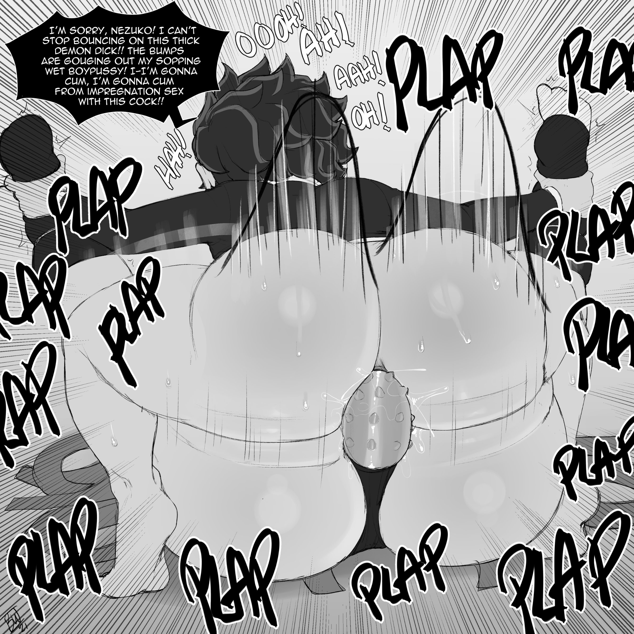 1boy, 1girls, amazon position, anal, anal sex, aphrodisiac, aroused, ass, barefoot, big ass (male), blackwhiplash, bottomless, brother and sister, bwl, demon, demon slayer, dildo, english text, feet, feet up, female, femboy, femdom, futa on male, futanari, holding legs, horny, incest, intersex, kamado nezuko, kamado tanjirou, kimetsu no yaiba, male, mating press, monochrome, motion lines, pegging, sex, siblings, signature, soles, sound effects, speech bubble, strap-on, strapon, studded dildo, sweating, text, thick ass, trembling