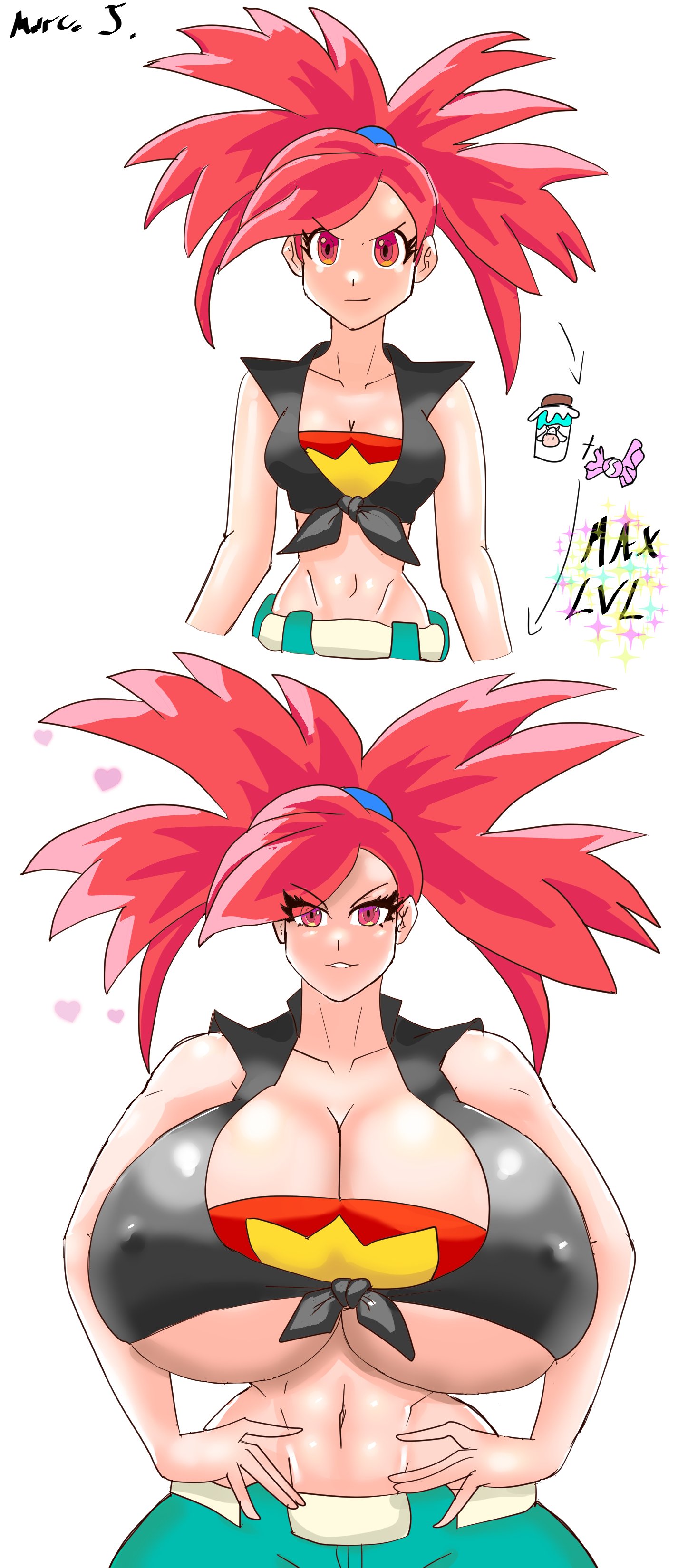 1girls, age progression, alternate breast size, artist signature, big breasts, bimbo, bimbofication, bottle, breast expansion, breast growth, breast growth (enlargement), breasts, cleavage, collarbone, eyebrows visible through hair, eyelashes, female, female only, flannery (pokemon oras), flannery (pokemon), gigantic breasts, gym leader, hands on hips, heart, hips, huge breasts, huge hips, huge thighs, human, human only, hyper breasts, jeans, large breasts, looking at viewer, marcormen, massive breasts, midriff, milk bottle, nintendo, nipple bulge, pants, pokemon, pokemon oras, pokemon rse, rare candy, red eyes, red hair, short hair, sleeveless, sleeveless shirt, smile, solo, solo female, standing, tagme, thick thighs, thighs, tied hair, tied shirt, top heavy, underboob, voluptuous, wide hips