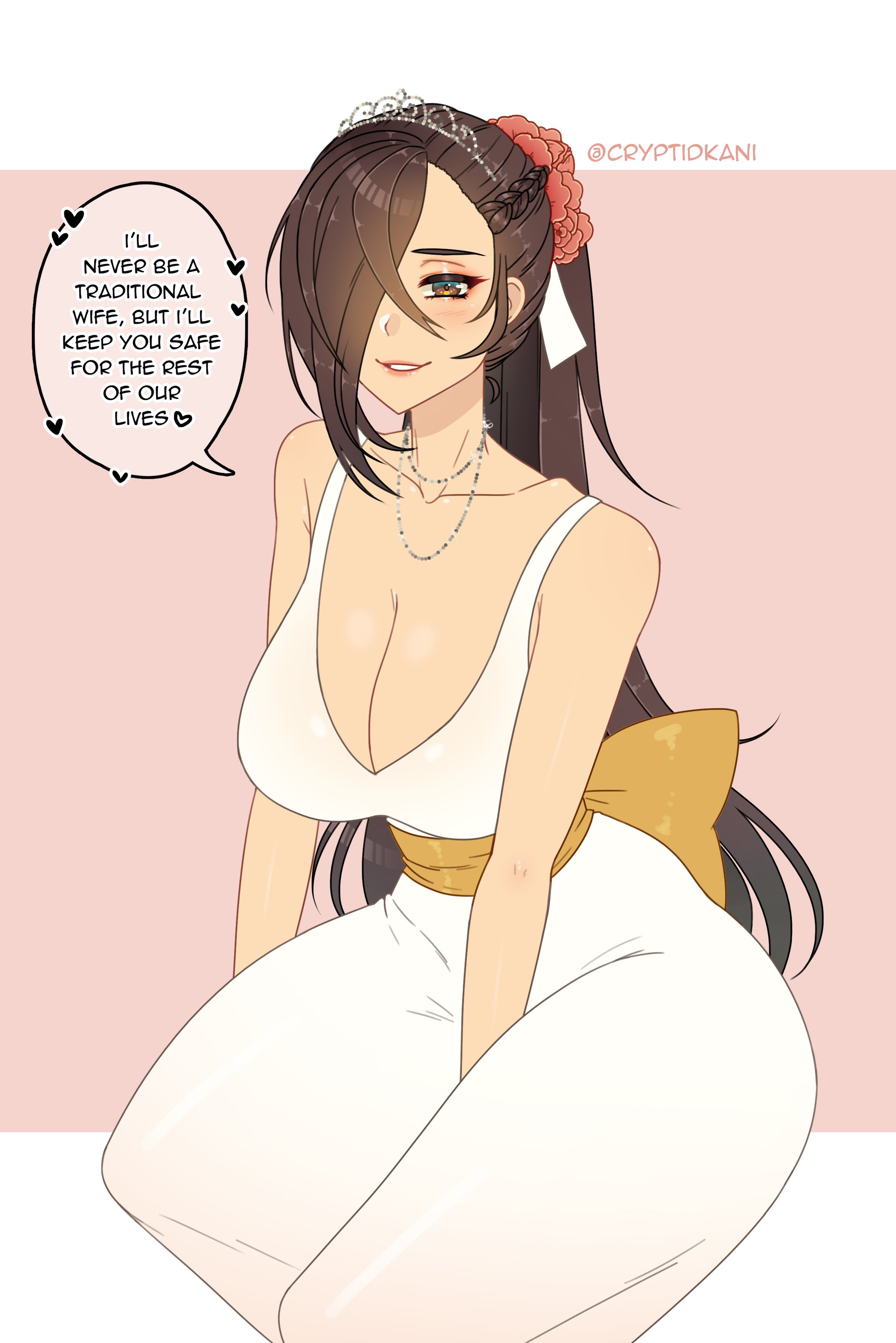 1girls, absurdres, accessory, alternate costume, bare arms, bare back, bare shoulders, bow, breasts, bride, brown eyes, brown hair, cleavage, crown, cryptid crab, dress, english text, female, fire emblem, fire emblem fates, fire emblem heroes, hair over one eye, highres, huge breasts, jewelry, kagero (fire emblem), kneeling, large breasts, long hair, looking at viewer, necklace, nintendo, one eye covered, ponytail, seiza, sitting, smile, solo, solo female, text, thick thighs, tiara, very long hair, watermark, wedding dress, wholesome, wide hips, yellow bow
