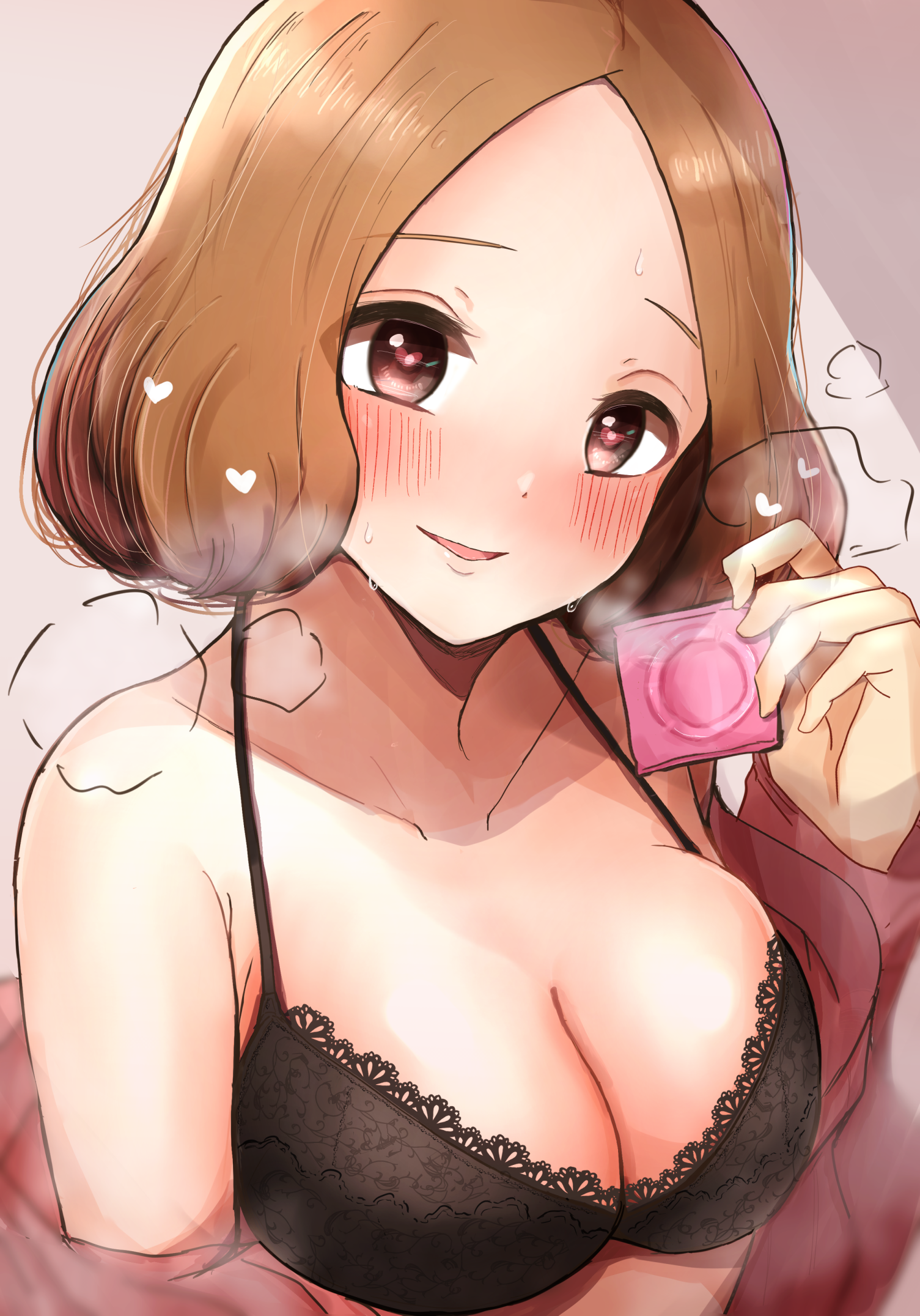 1girls, big breasts, blush, breasts, cleavage, condom, condom wrapper, female, female only, haru okumura, heart-shaped pupils, imminent sex, mebunryo (mebunryo2), persona, persona 5, visible breath