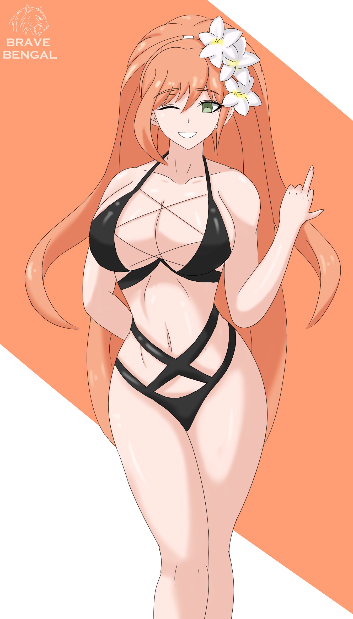 1girls, belly, belly button, big breasts, black swimsuit, bravebengal, breasts, danganronpa, danganronpa 3, danganronpa s: ultimate summer camp, female, flower hair ornament, green eyes, knees, long hair, looking at viewer, middle finger, milf, one eye closed, orange background, orange hair, smiling, smiling at viewer, sole female, solo female, stomach, straight hair, swimsuit, tall, tall female, thick thighs, yukizome chisa