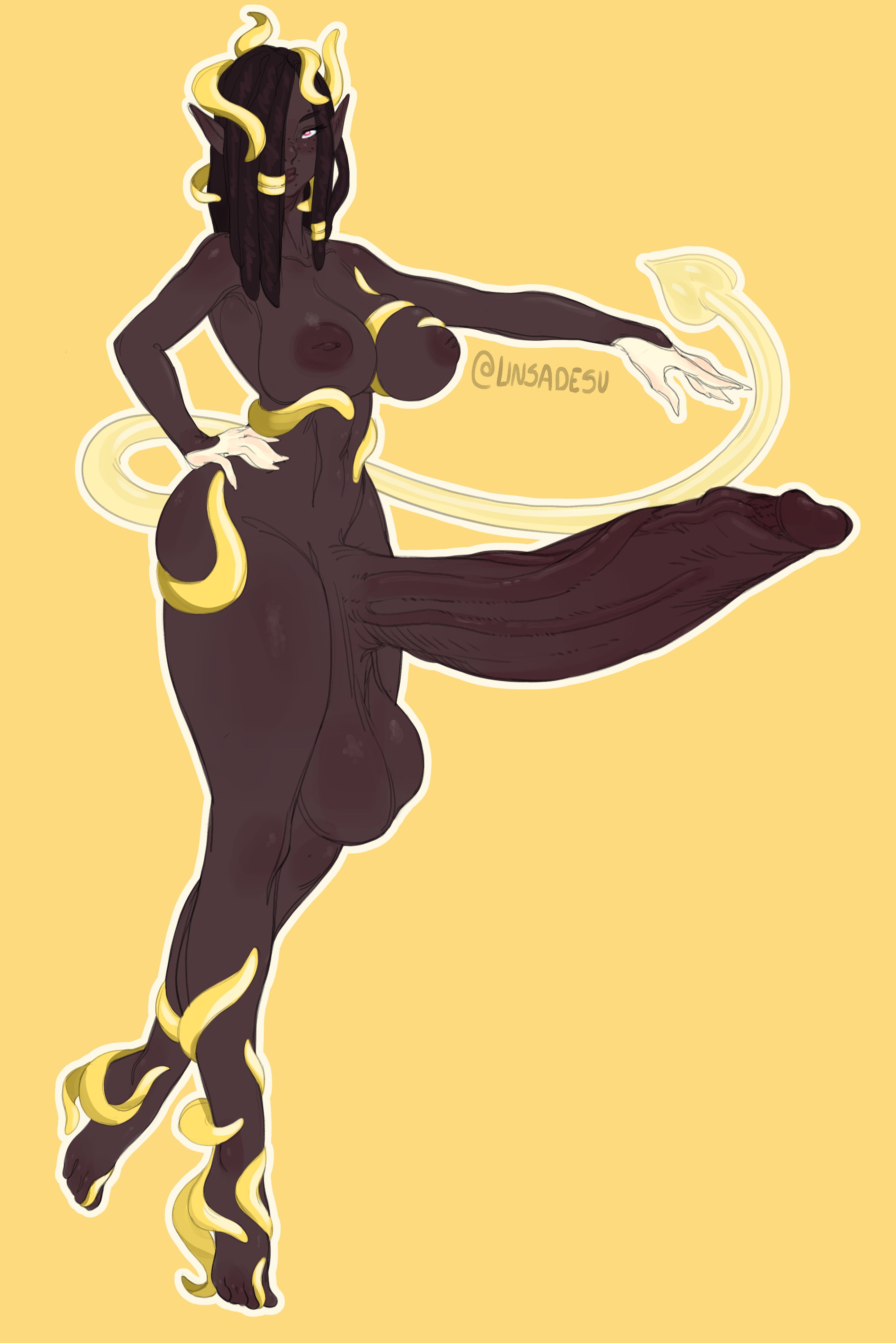 1futa, areolae, balls, big balls, big breasts, big penis, breasts, dark skin, dark-skinned futa, demon, demon girl, erection, female, full body, futa only, futanari, hair over one eye, huge balls, huge cock, huge penis, humanoid, humanoid penis, hyper, hyper penis, intersex, large penis, linsa, long ears, nude, penis, simple background, solo, standing, succubus, tail, veiny penis, wide hips, yellow background