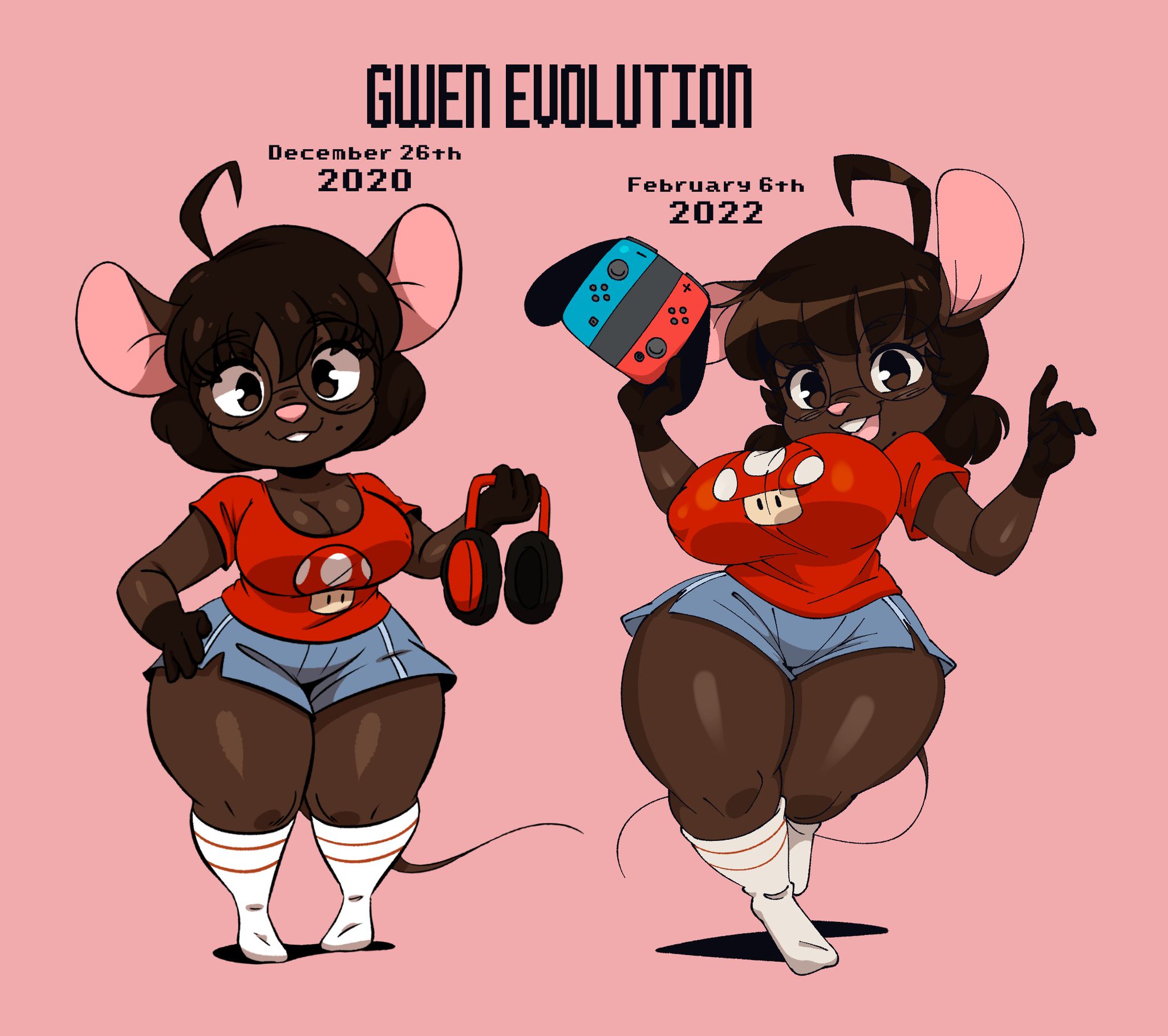 :3, anthro, big breasts, breasts, clothed, clothing, female, fur, furry, furry only, gwen martin, hi res, joaoppereiraus, looking at viewer, mario (series), shortstack, solo, standing, super mushroom, tagme, tail, thick thighs, wide hips