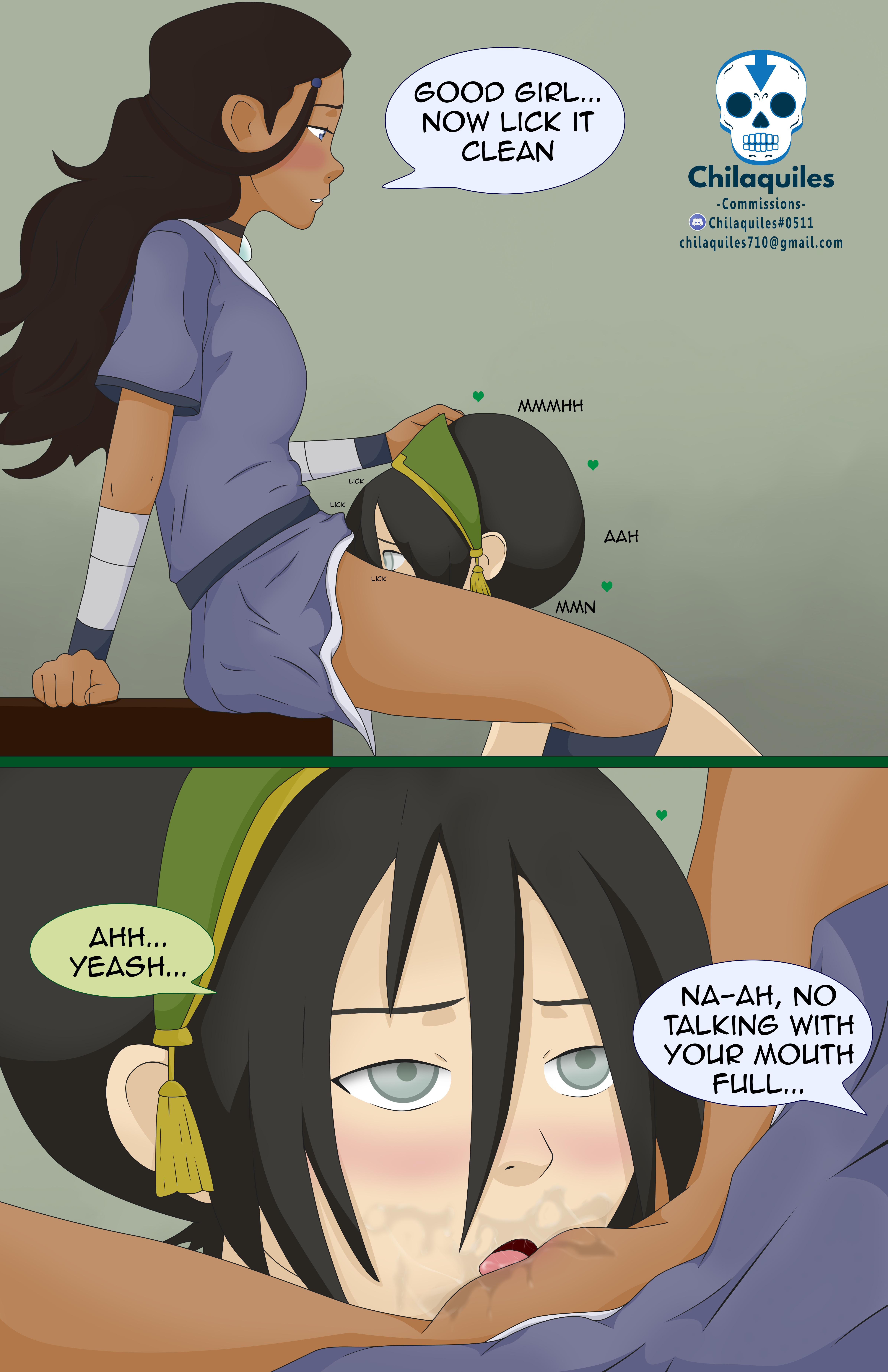 2girls, alternate breast size, avatar the last airbender, blind, blush, breasts, chilaquiles, chocolate and vanilla, clothed female nude female, clothing, cunnilingus, dark hair, dark skin, dark-skinned female, dialogue, earth kingdom, female, female only, femdom, femsub, interracial yuri, katara, kneeling oral position, medium breasts, multiple females, multiple girls, nickelodeon, oral sex, panels, pov, pussy, pussy juice, pussy juice on face, saliva, small breasts, straight hair, submissive female, teenager, toph bei fong, vaginal juices, water tribe, yuri