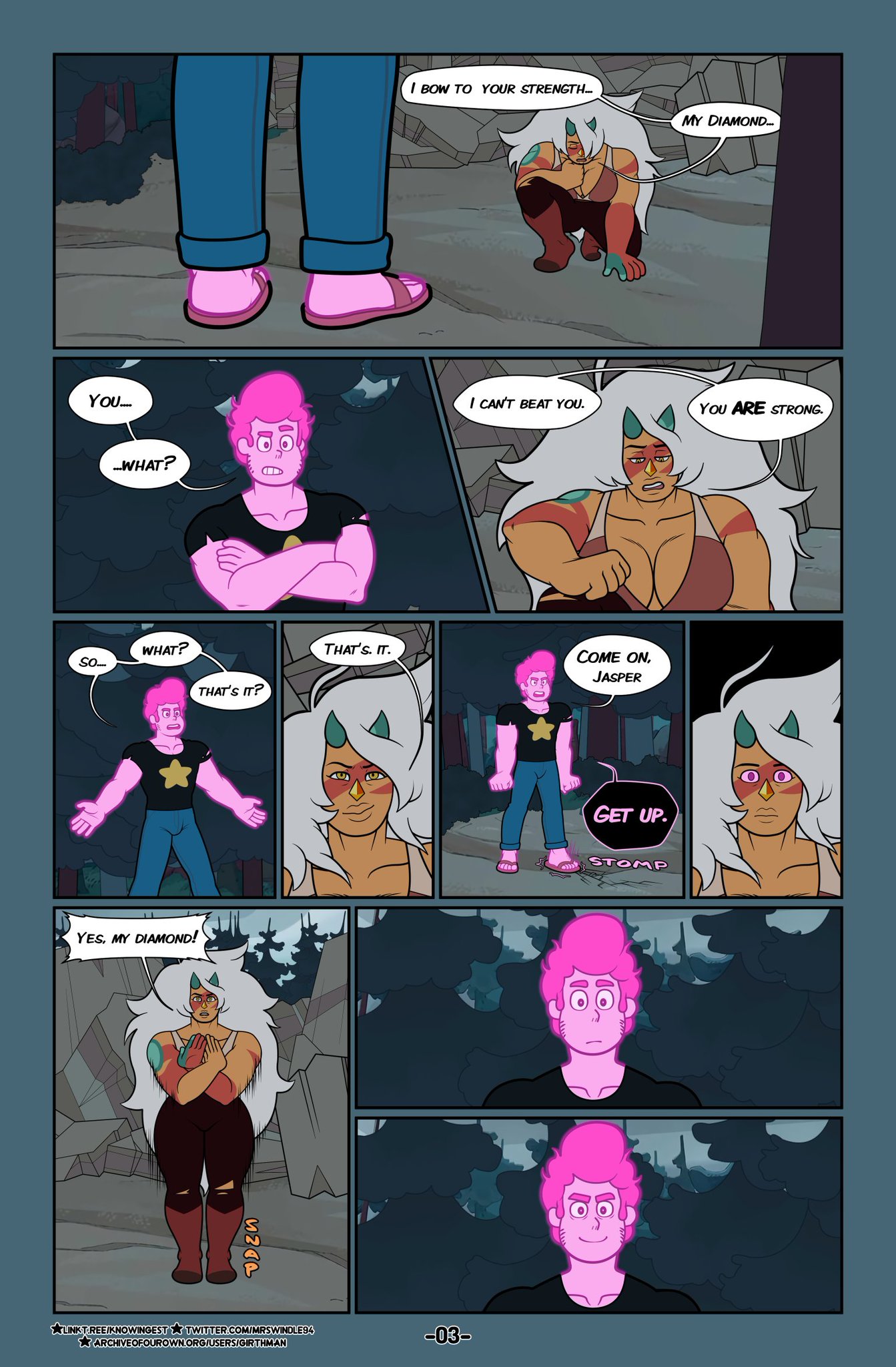 breasts, cartoon network, cleavage, comic, comic page, dark kaje, english text, female, fragments (steven universe future), gem (species), hypnosis, jasper (steven universe), male, mind control, mrswindle94, orange skin, page 3, page number, steven quartz universe, steven universe, steven universe future
