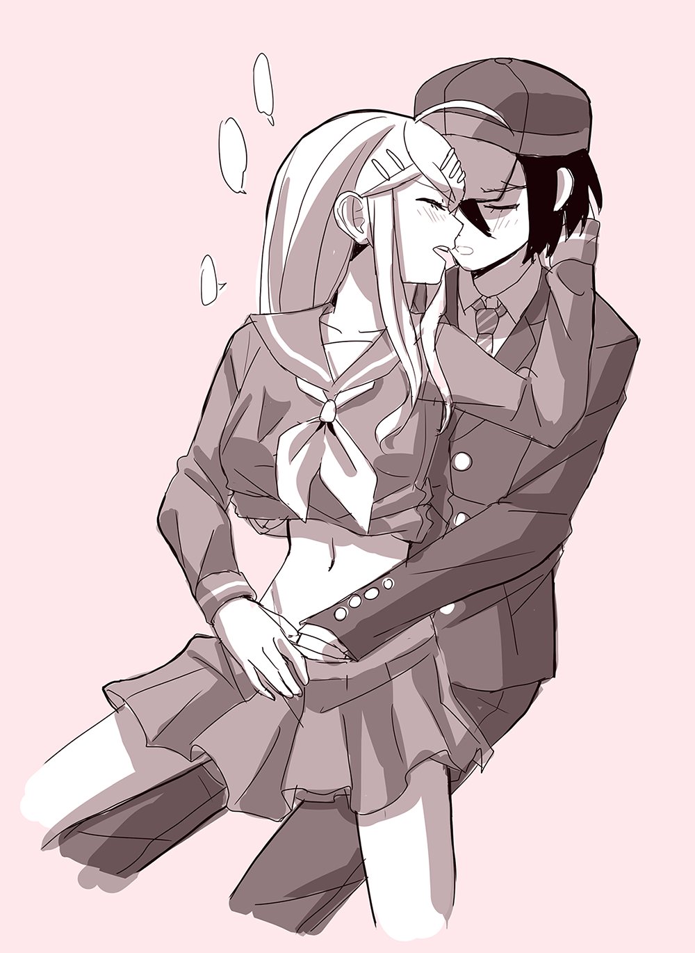 /// 1boy 1girls 1male ahoge akamatsu_kaede blush closed_eyes clothed clothing cuff_links danganronpa danganronpa_v3 female female/male fingering hair_clips hand_in_another's_panties hand_in_panties hand_under_skirt hat human human_only humanoid japanese_clothes light-skinned_female light-skinned_male light_skin long_hair making_out male male/female male_on_female mishmasz monochrome mostly_clothed no_color saihara_shuuichi short_hair shuichi_saihara straight straight_hair text_bubble tie trucker_hat