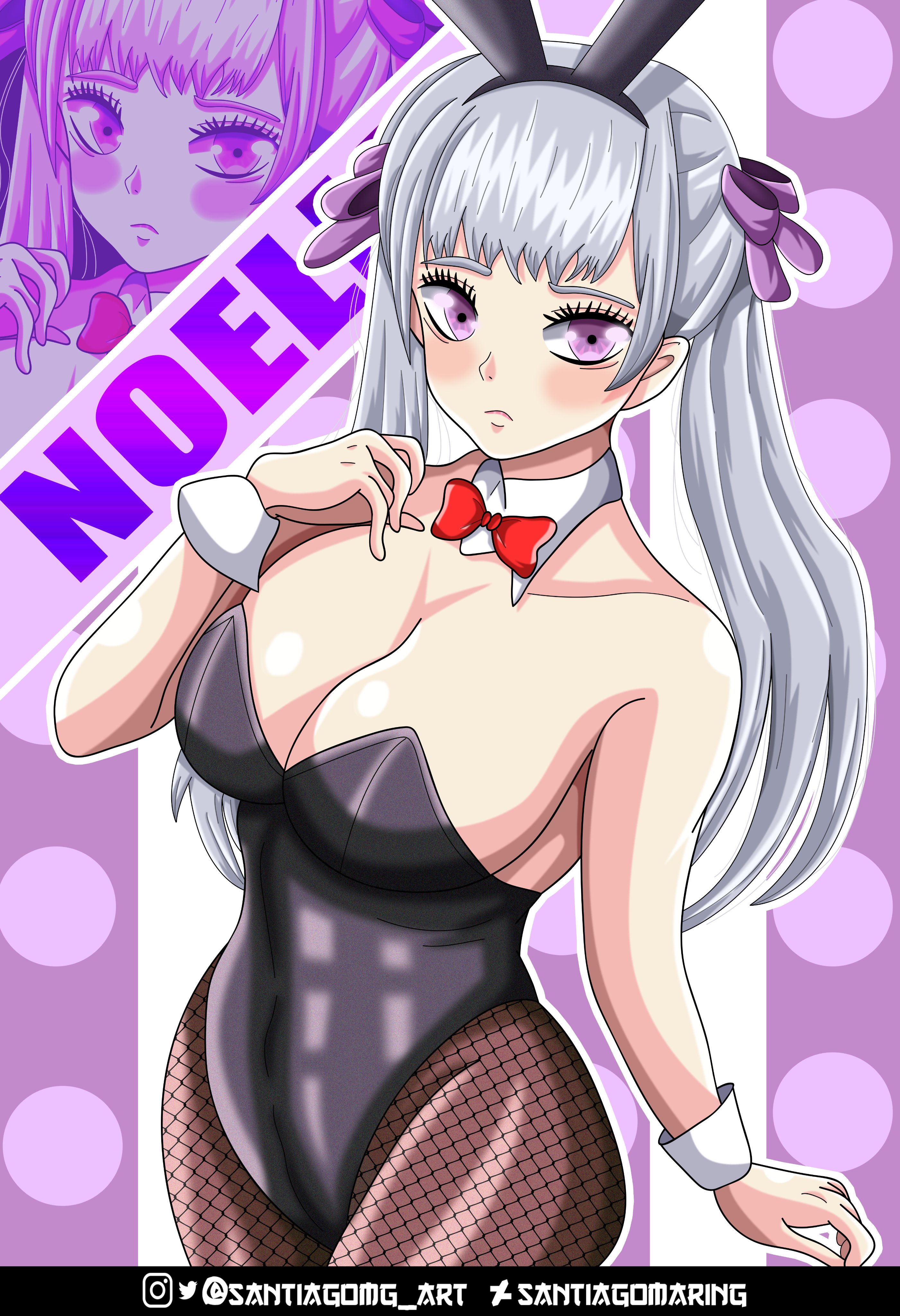1girls, animal ears, big breasts, black clover, blush, breasts, bunny costume, bunny ears, bunnysuit, female, leotard, looking at viewer, noelle silva, pantyhose, purple eyes, silver hair, twintails
