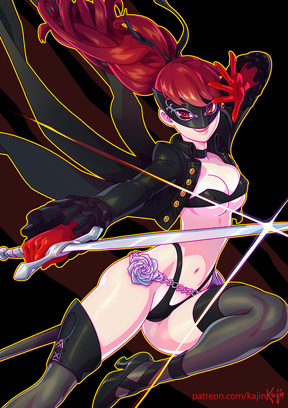 bikini, female, kajinman, kasumi yoshizawa, nipples visible through clothing, persona, persona 5, persona 5 royal, phantom thief suit, red eyes, red hair, stockings, sumire yoshizawa, tagme