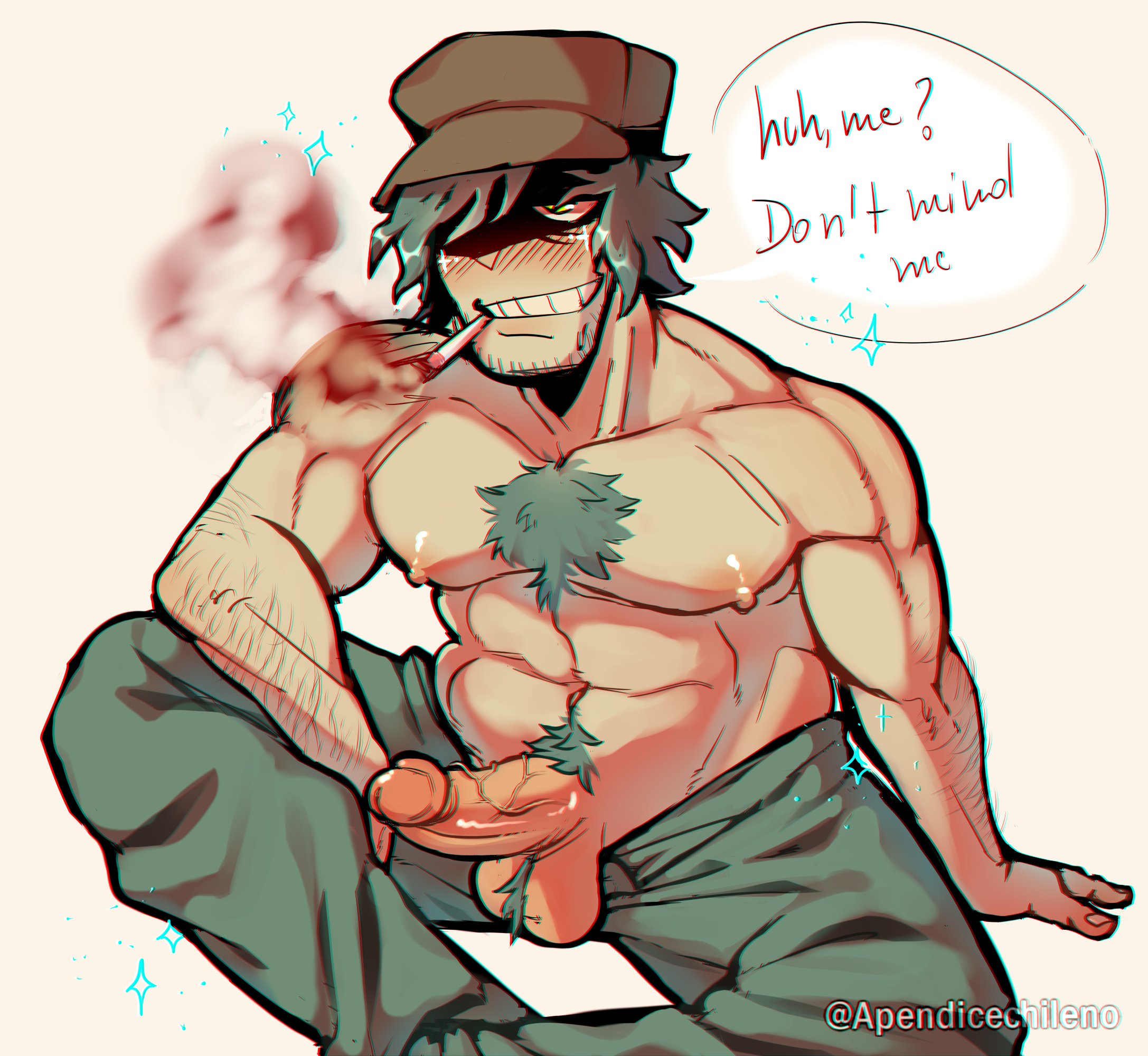1boy, apendicechileno, balls, bara, big arms, big balls, big legs, big pecs, big penis, body hair, erection, friday night funkin, garcello (atsuover), hairy balls, large penis, male, male only, muscular, muscular arms, muscular male, nipples, penis, pubic hair, smoking, stupidhorn, yaoi