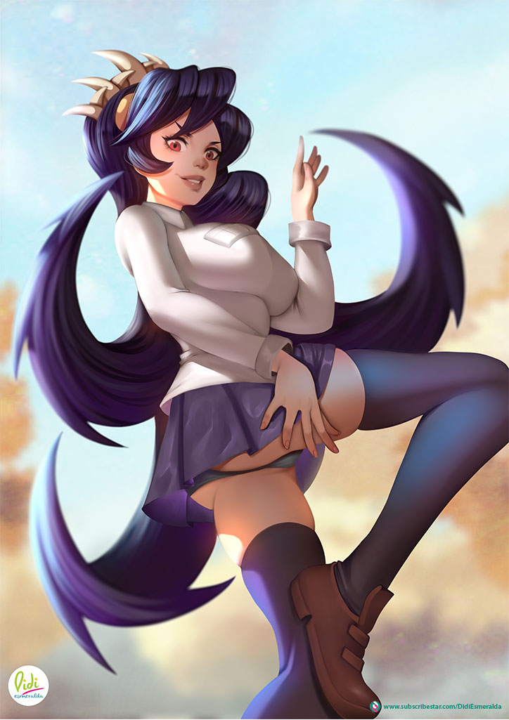 black panties, clothed, didi esmeralda, female, filia (skullgirls), from below, looking at viewer, looking down, outside, panties, pantyshot, pinup, purple legwear, red eyes, samson (skullgirls), shoes, skullgirls, smile, solo, solo focus, thighhighs, upskirt