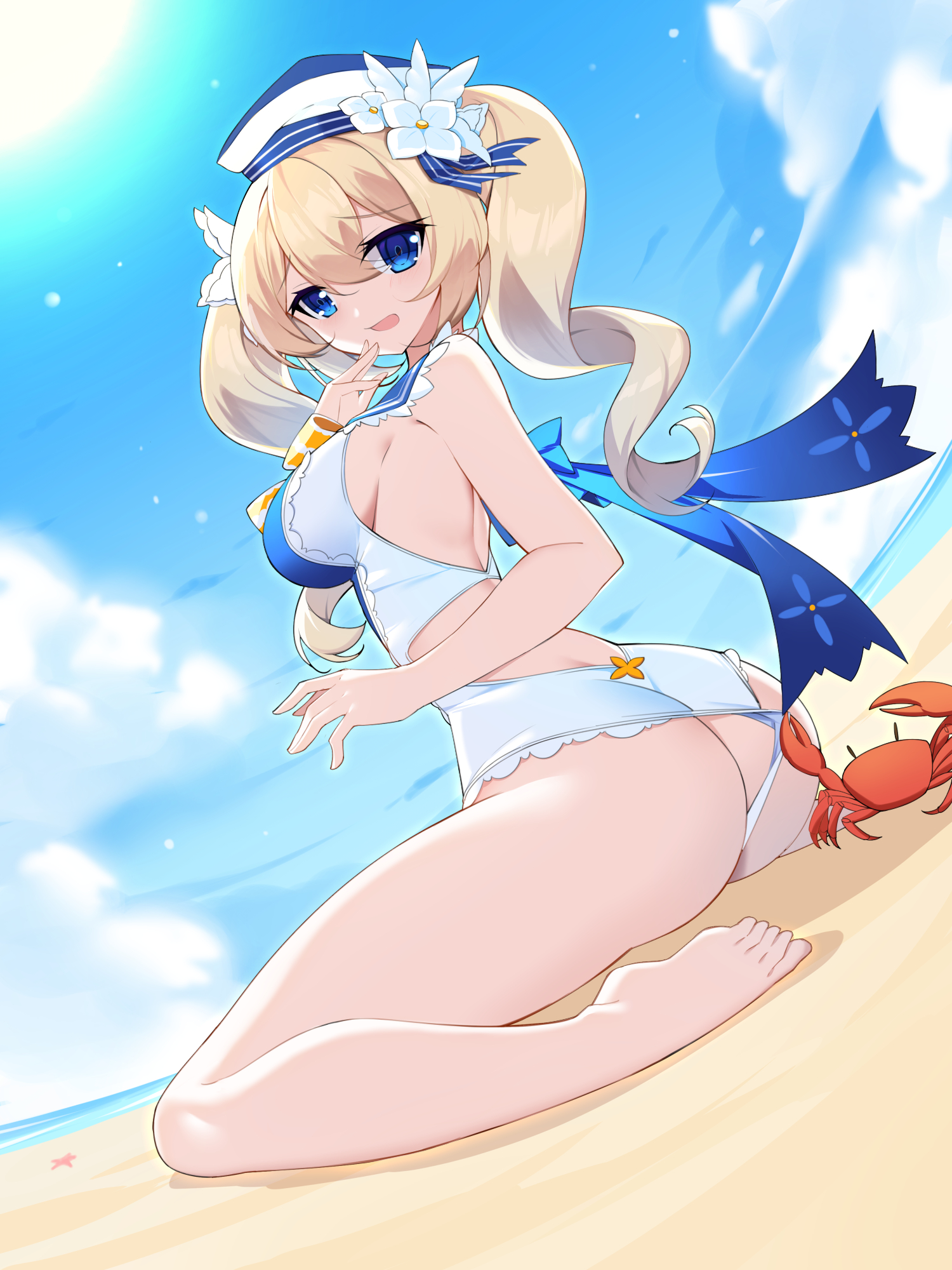 1girls, ass, ass crack, bad id, barbara (genshin impact), barbara (summertime sparkle) (genshin impact), barefoot, beach, blonde hair, blue eyes, breasts, butt crack, crab, cute, feet, female, genshin impact, hat, hi res, looking at viewer, medium breasts, nun, one-piece swimsuit, sideboob, swimsuit, swimsuit pull, toes, twintails