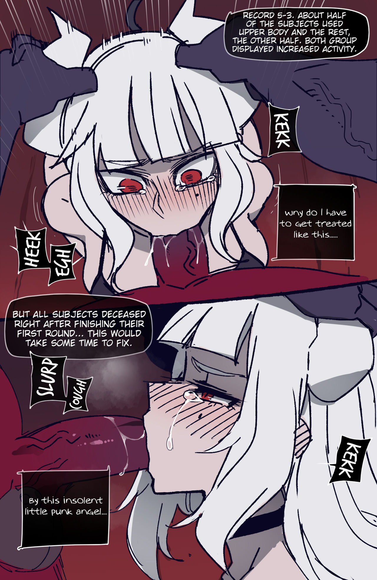1girls, bikini, blowjob, blush, english text, erection, fellatio, female, forced, helltaker, lucifer (helltaker), male, oral, penis, ratatatat74, red eyes, red skin, tagme, text, throat fuck, white hair