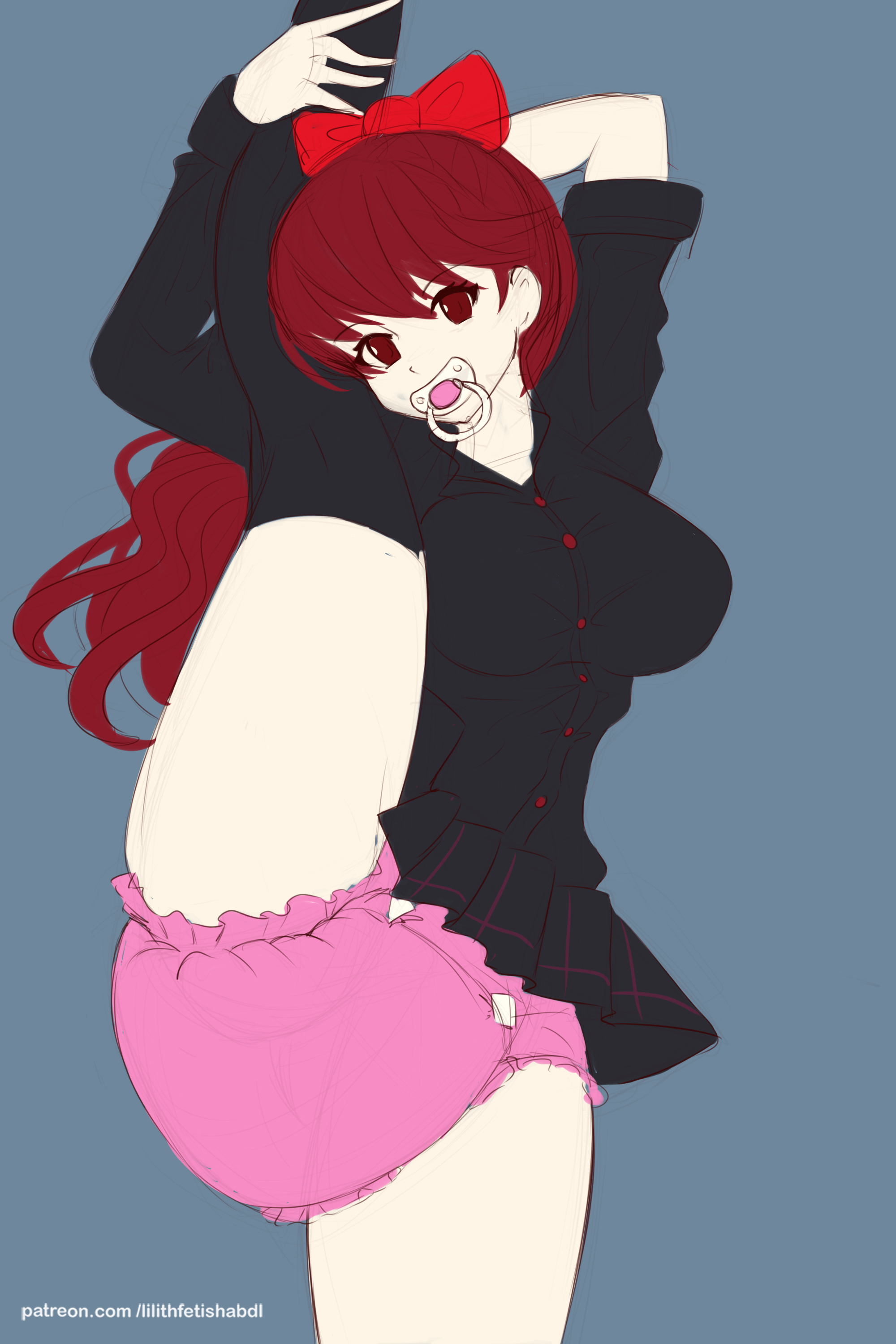 bow, diaper, female, kasumi yoshizawa, lilith-fetish, pacifier, persona, persona 5, persona 5 royal, red eyes, red hair, sumire yoshizawa