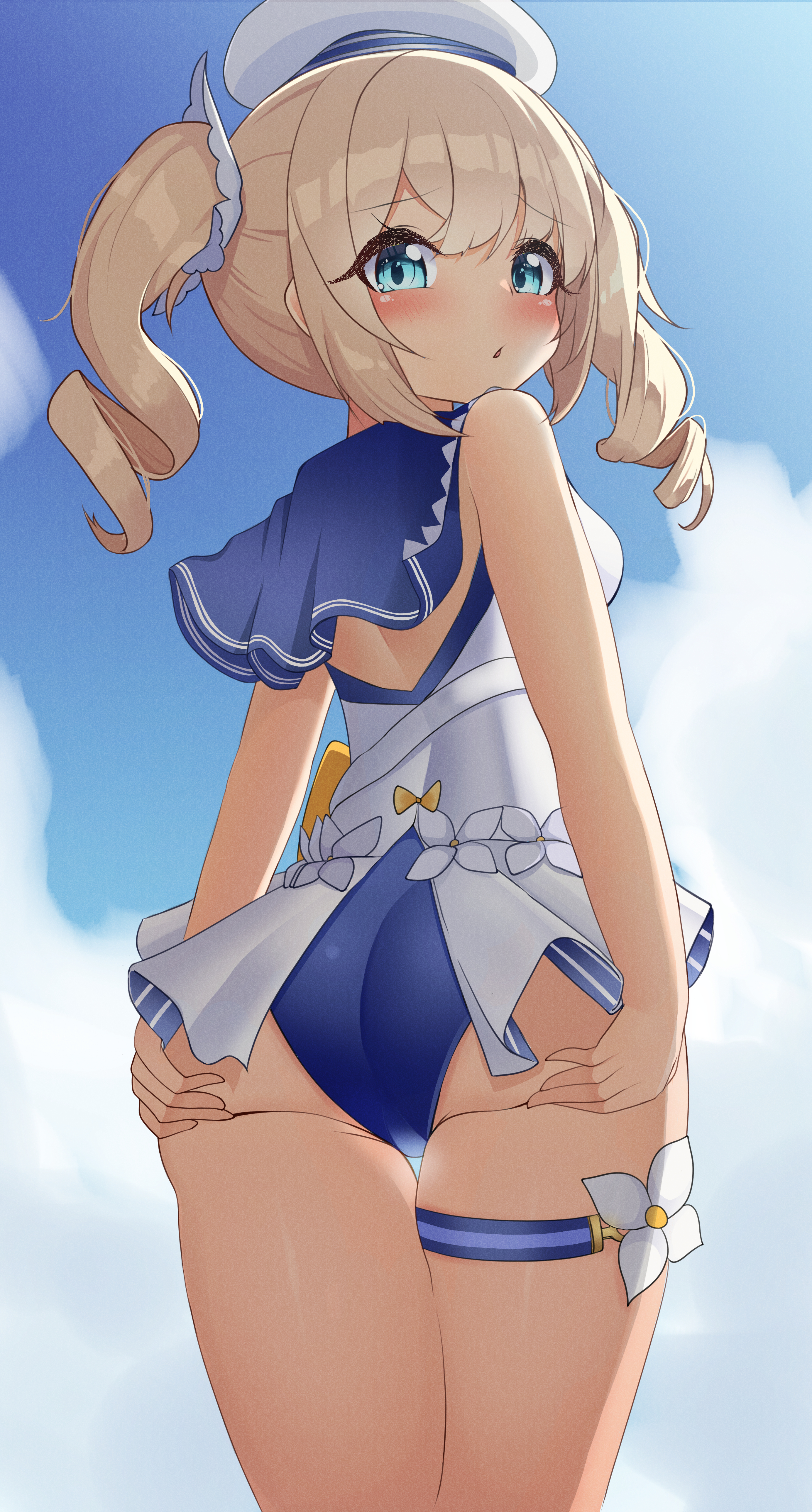 1girls, ass, barbara (genshin impact), barbara (summertime sparkle) (genshin impact), blonde hair, blue eyes, blush, bubble ass, bubble butt, eyebrows visible through hair, female, from behind, genshin impact, hi res, looking at viewer, nun, one-piece swimsuit, partially clothed, rear view, spread ass, swimsuit, twintails