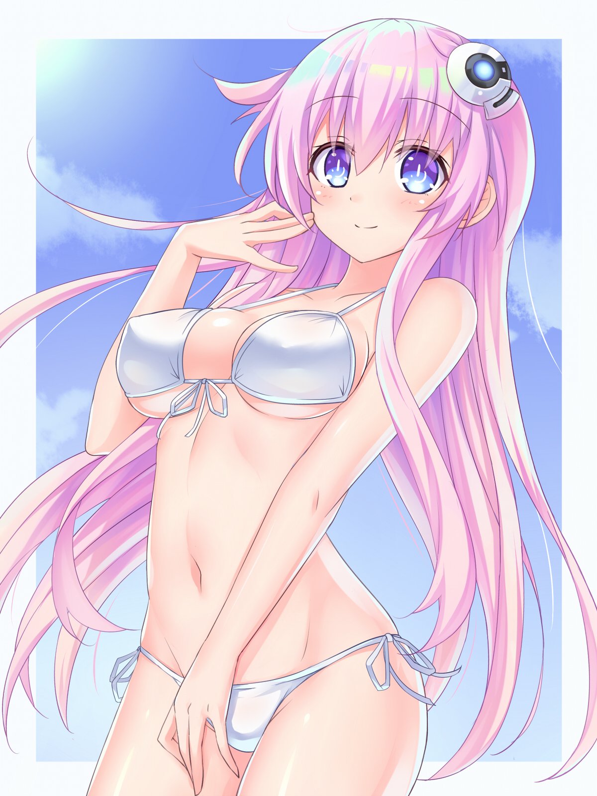 bikini kazuneko_(wktk1024) kazuneko_jp long_hair medium_breasts nepgear neptunia_(series) pink_hair purple_eyes smile swimsuit white_bikini