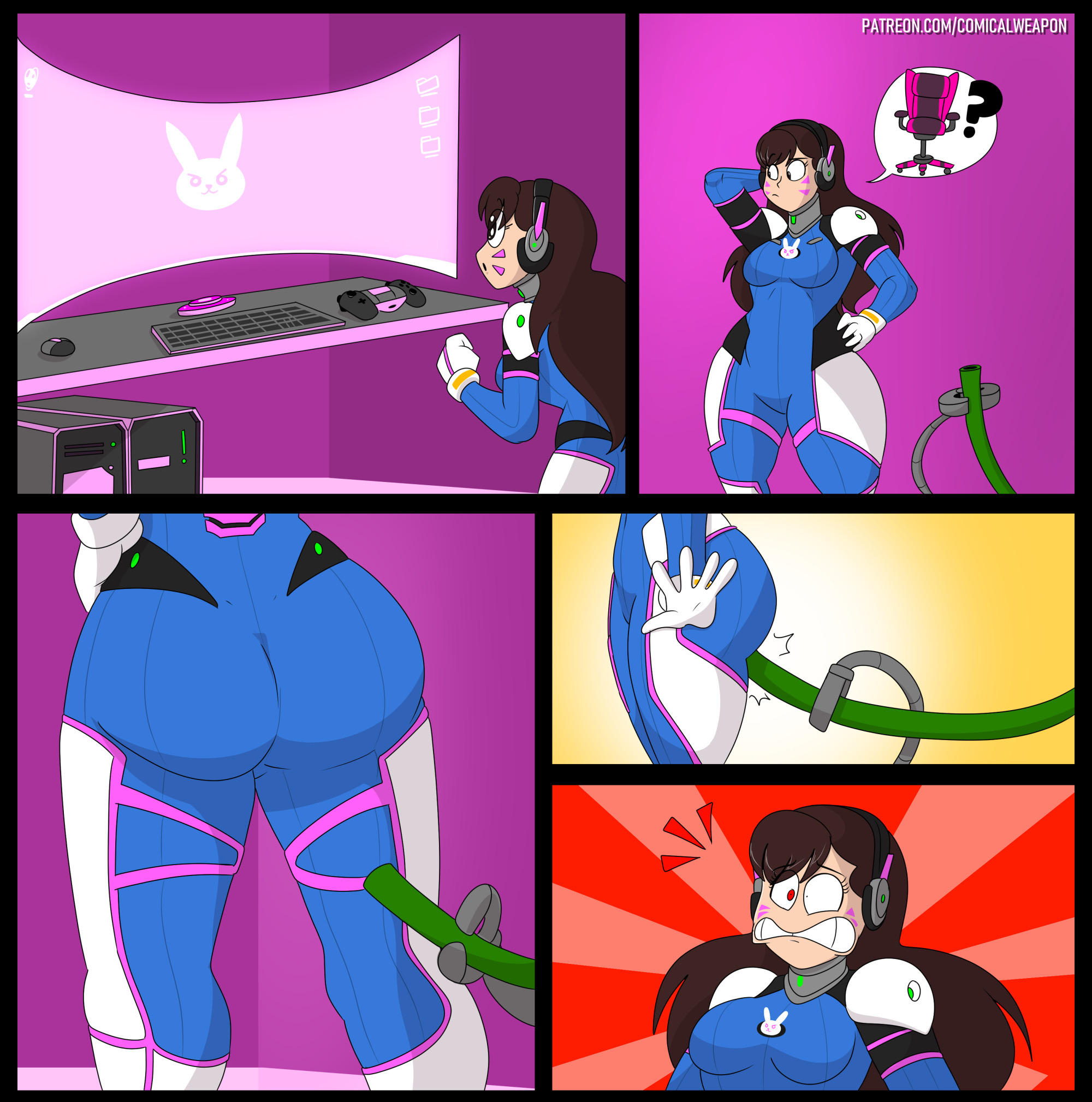 1girls, ass, ass expansion, blizzard entertainment, bubble ass, bubble butt, comic, comical weapon, d.va, female, hose, hose inflation, huge ass, overwatch, sequence, thick thighs