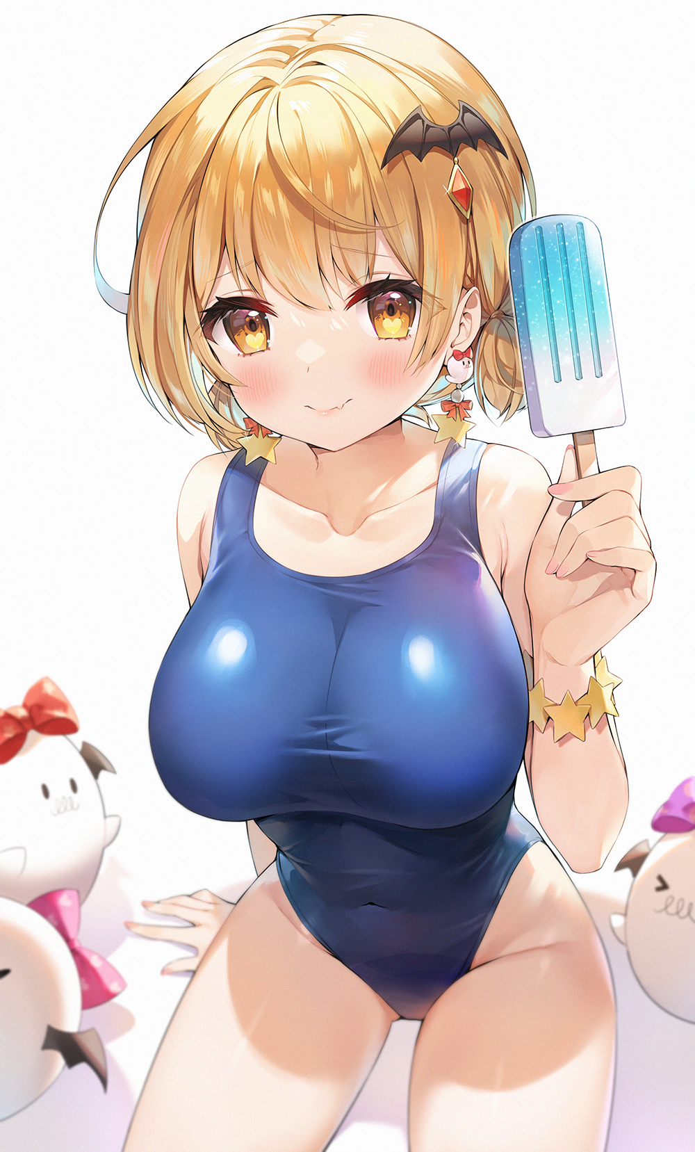 1girls, ayamy, bare shoulders, big breasts, blonde, blonde hair, blue swimsuit, bracelet, breasts, bursting breasts, cleavage, collarbone, earrings, fangs, female, female focus, female only, fingernails, food, hairclip, heart-shaped pupils, hololive, hololive gen 1, hololive japan, huge breasts, ice cream, impossible clothes, jewelry, legs, light skin, light-skinned female, lips, looking at viewer, one-piece swimsuit, popsicle, short hair, simple background, sitting, smile, solo, stuffed animal, stuffed toy, swimsuit, thighs, vampire, virtual youtuber, white background, yellow eyes, yozora mel